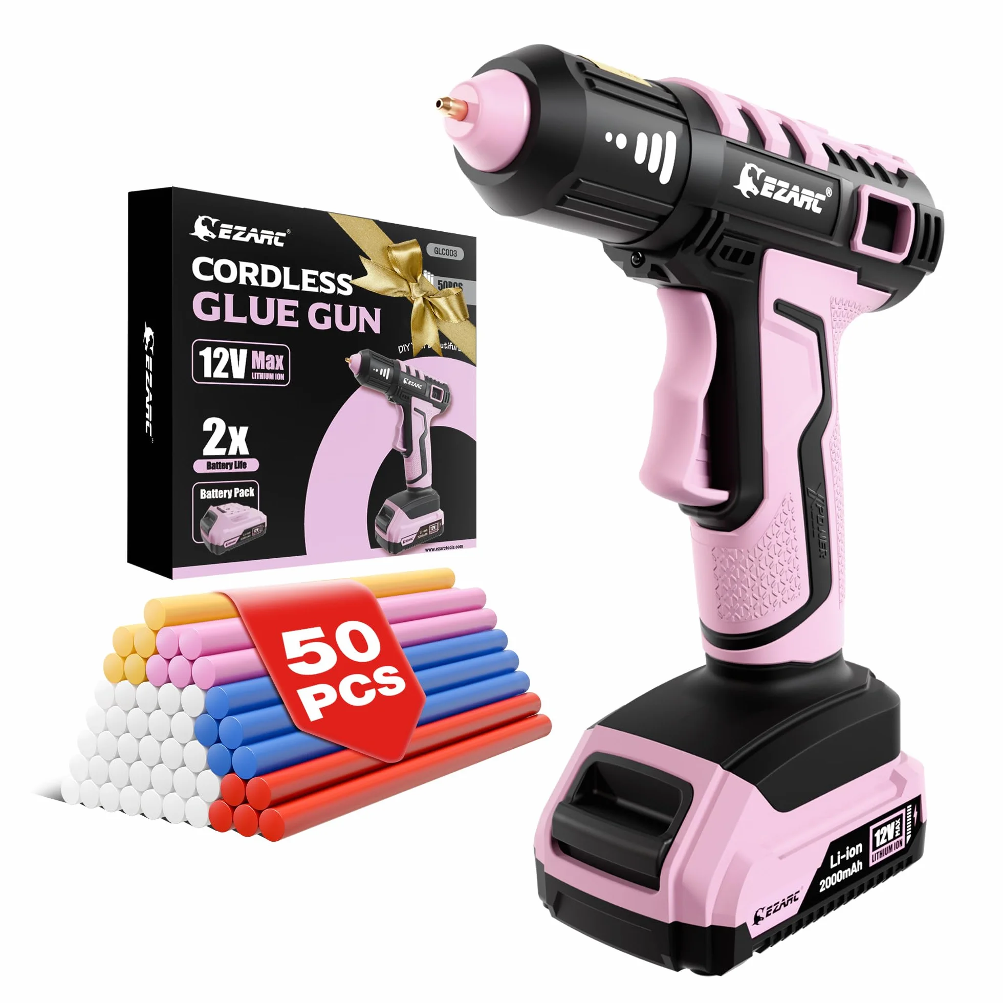 EZARC Pistola de Pegamento Caliente Inalámbrica, Calentamiento Rápido en 15s, 12V Pistola de Pegamento Mini para DIY, Reparaciones Caseras, Proyectos Escolares, Decoraciones, con 50 Barras Mini, Rosa