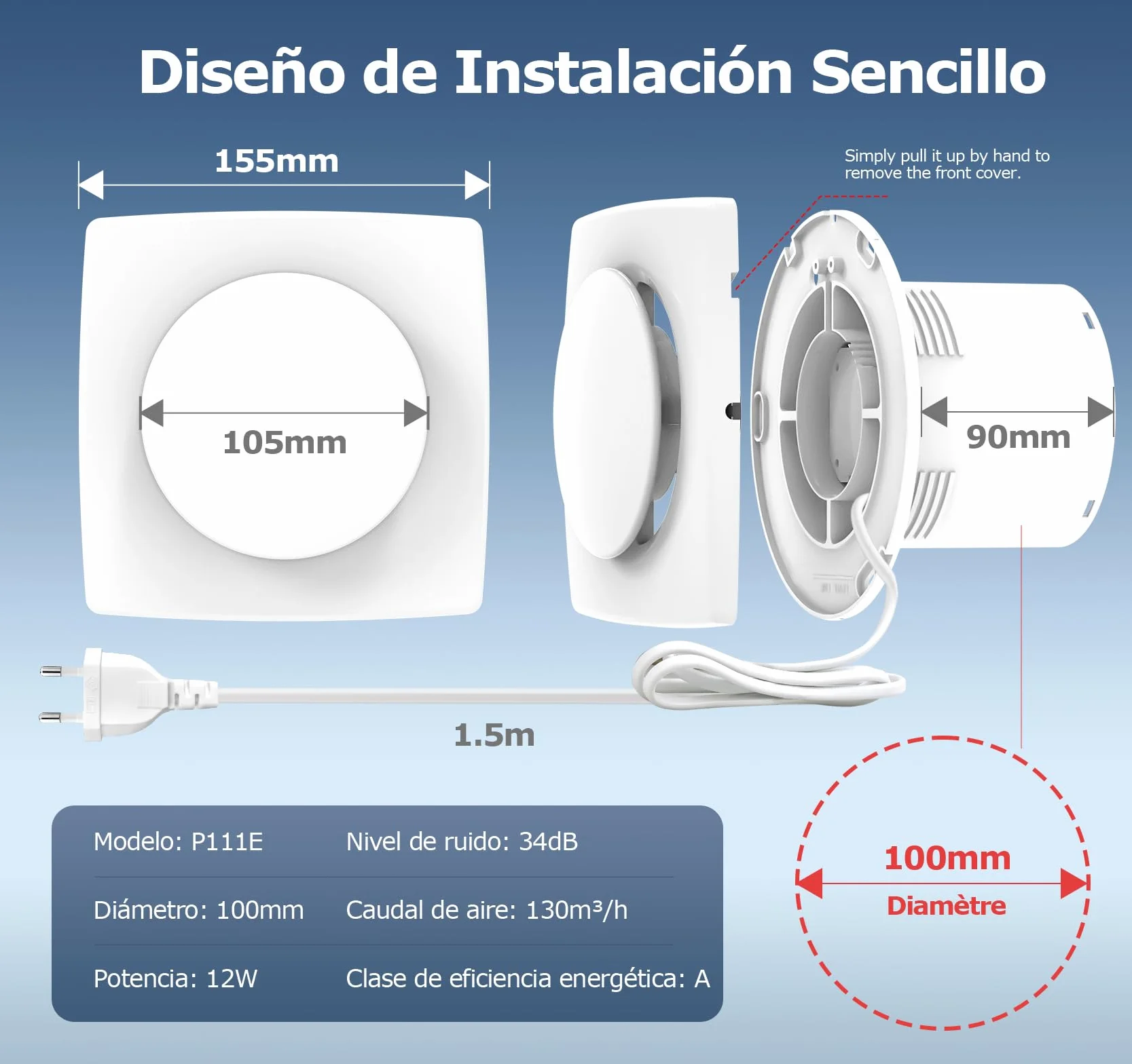 Extractor de Baño Silencioso 100mm 130m³/h IPX4 Ventilador de Aire