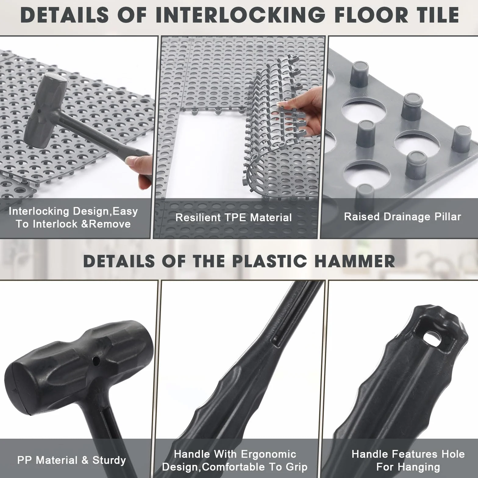 Drydiet Paquete de 8 baldosas entrelazadas con 1 martillo de plástico de 12 x 12 pulgadas, azulejos de drenaje modulares antideslizantes para piscina, baño, cubierta, cocina, patio, balcón, garaje