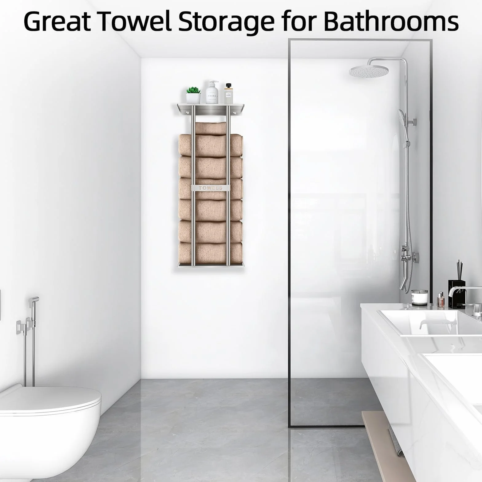 STWWO Toallero de Baño de Pared 76cm Toallero Vertical con Estante Plata Almacenamiento para Toallas enrolladas Baño Soporte para Toallas de Mano Grandes Toallas de Playa, Metal