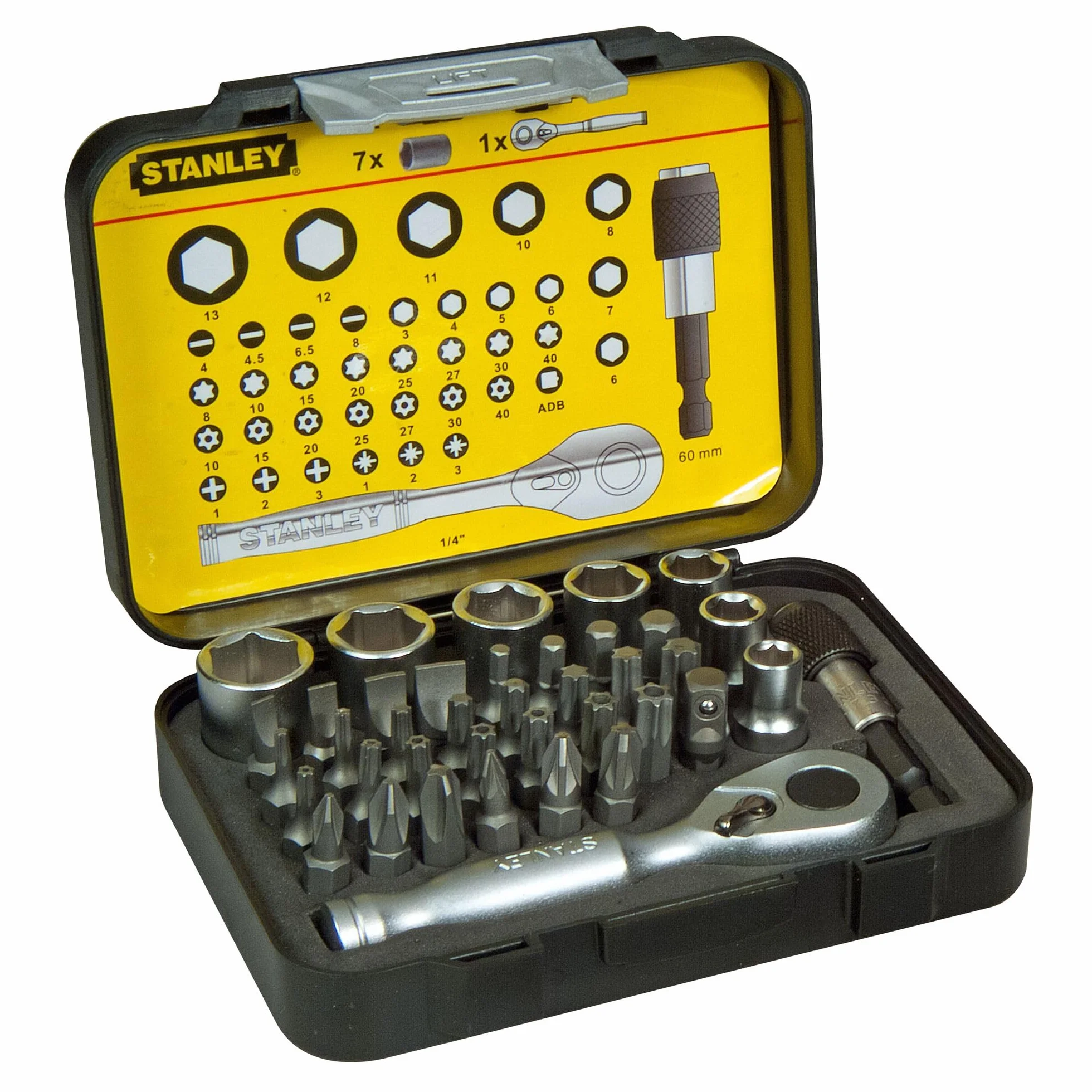 STANLEY 1-13-906 - Juego 39 piezas, incluye puntas 1/4'', llaves de vaso y mini llave con carraca 1/4''