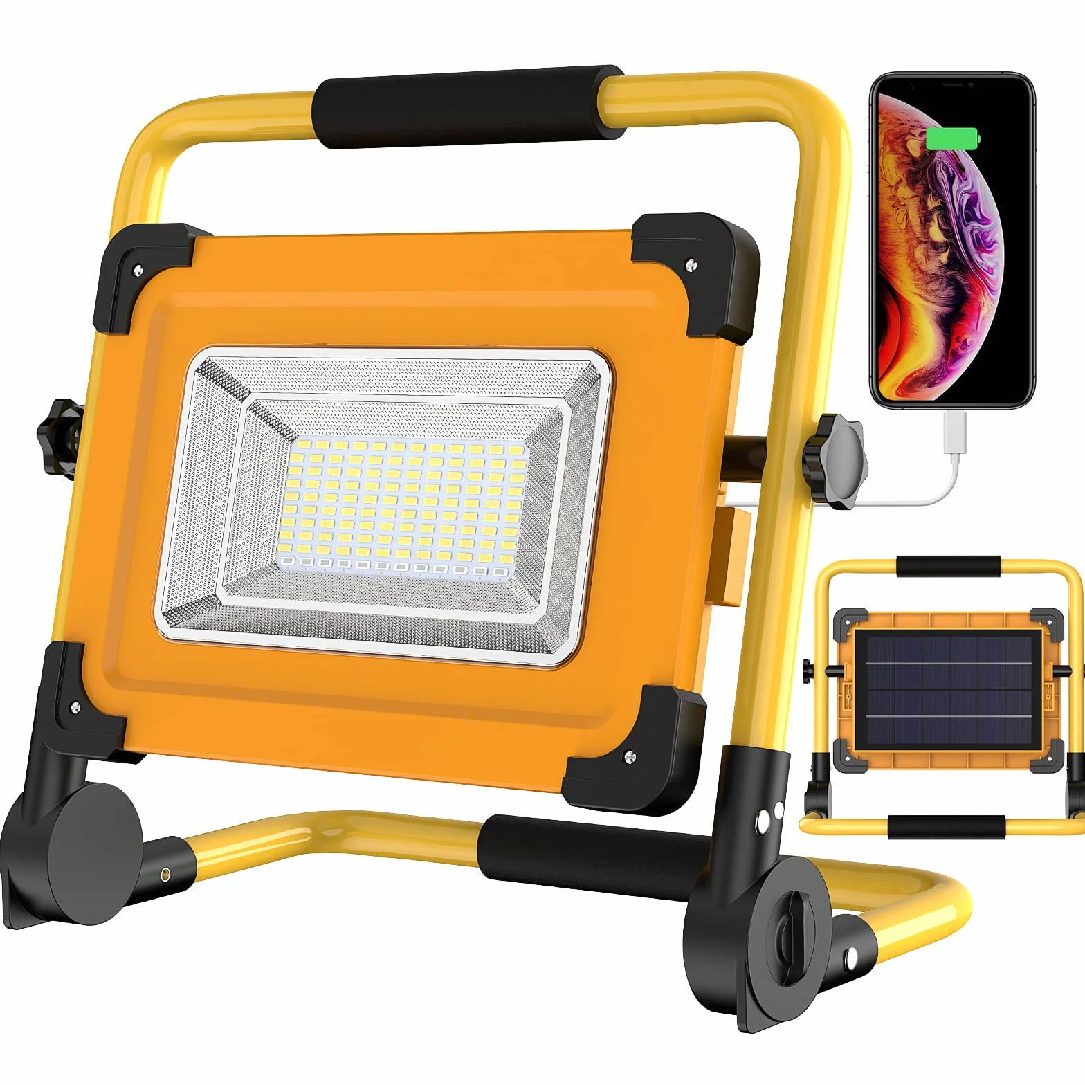 Luz de Trabajo LED Solar Portátil 100W, 120 LED Foco de Trabajo Recargable por USB y Solar, 4 Modos Impermeable 14000mAh Baterías Power Bank para Reparación de Automóviles, Garaje, Taller, Camping