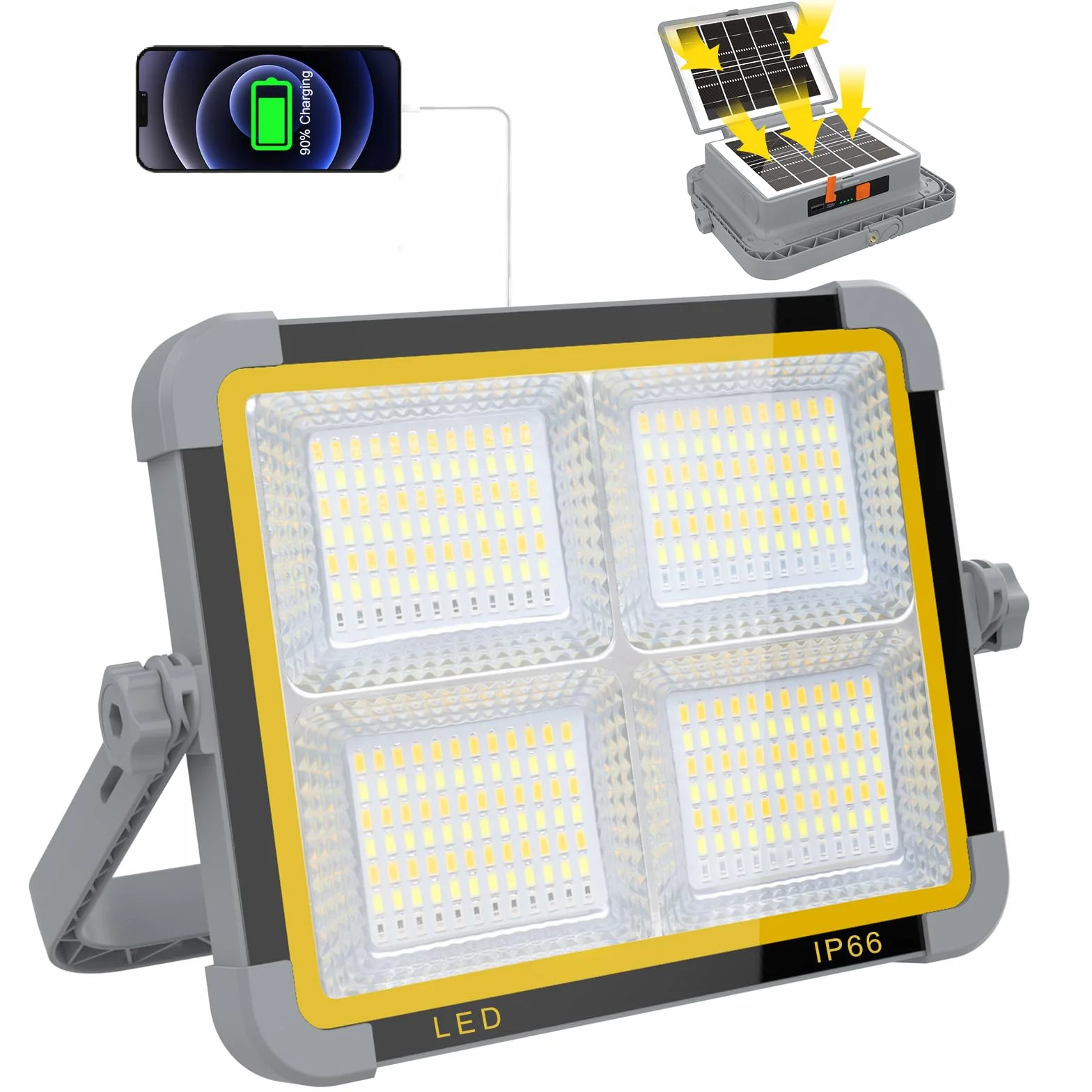 ERAY Foco LED Recargable 150W, Foco de Trabajo Portátil con Doble Panel Solar Batería de 9000mAh/336 LEDs/4 Modos de Luz/IP66/Banco de Energía para Camping, Emergencia, Trabajo