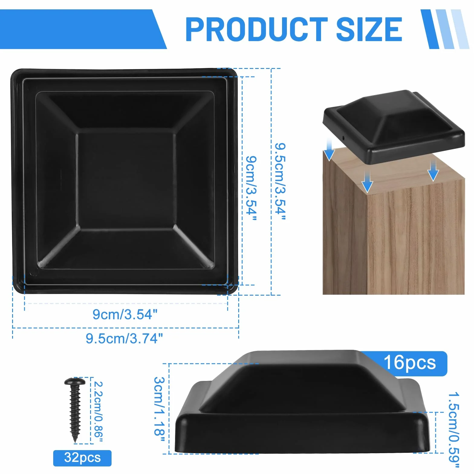 Tapas para Postes de Madera 9x9 cm de Plástico con Tornillos, Cuadradas, Protección para Postes de Cerca
