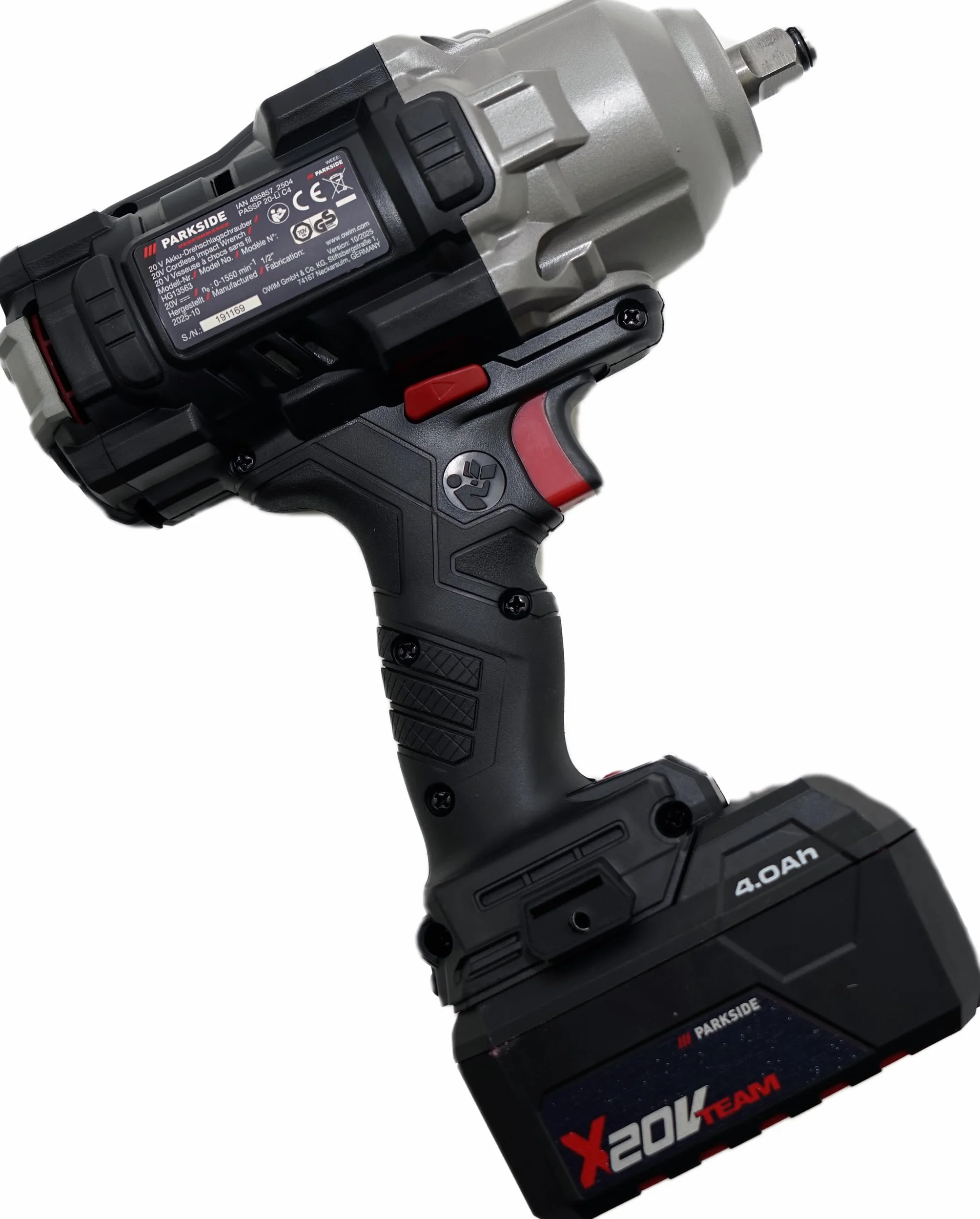 HEADNMORE PARKSIDE PERFORMANCE 20 V 1356 Nm 1/2" Atornillador de impacto con batería de 4 Ah y cargador – X 20 V Team (calcetines de trabajo)