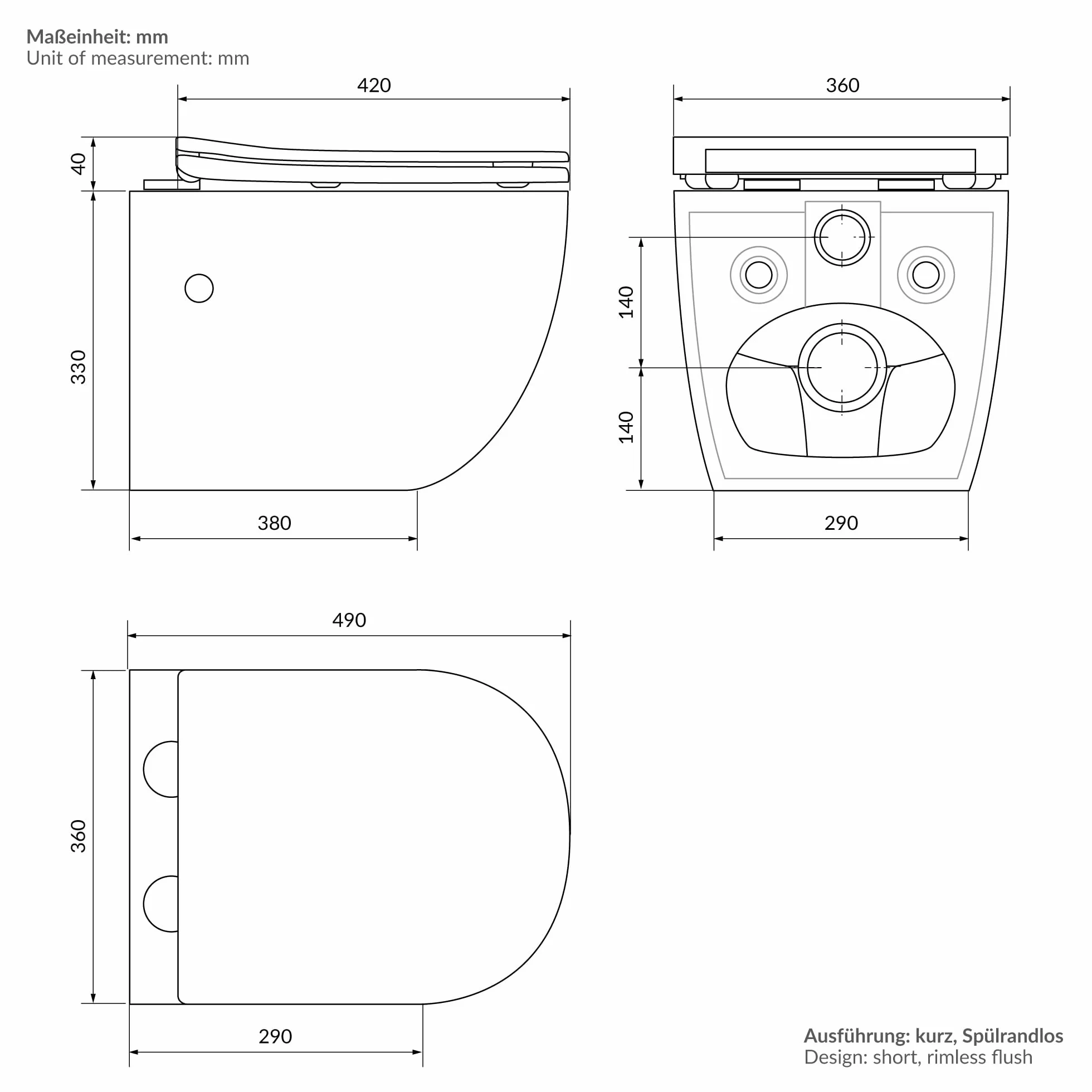LuxeBath WC Cerámico Suspendido Corto 49cm con Función de Bidé con Nanorecubrimiento, Inodoro Colgante Blanco Mate sin Cisterna, Asiento de WC Extraíble con Softclose en Duroplast Bajada Automática