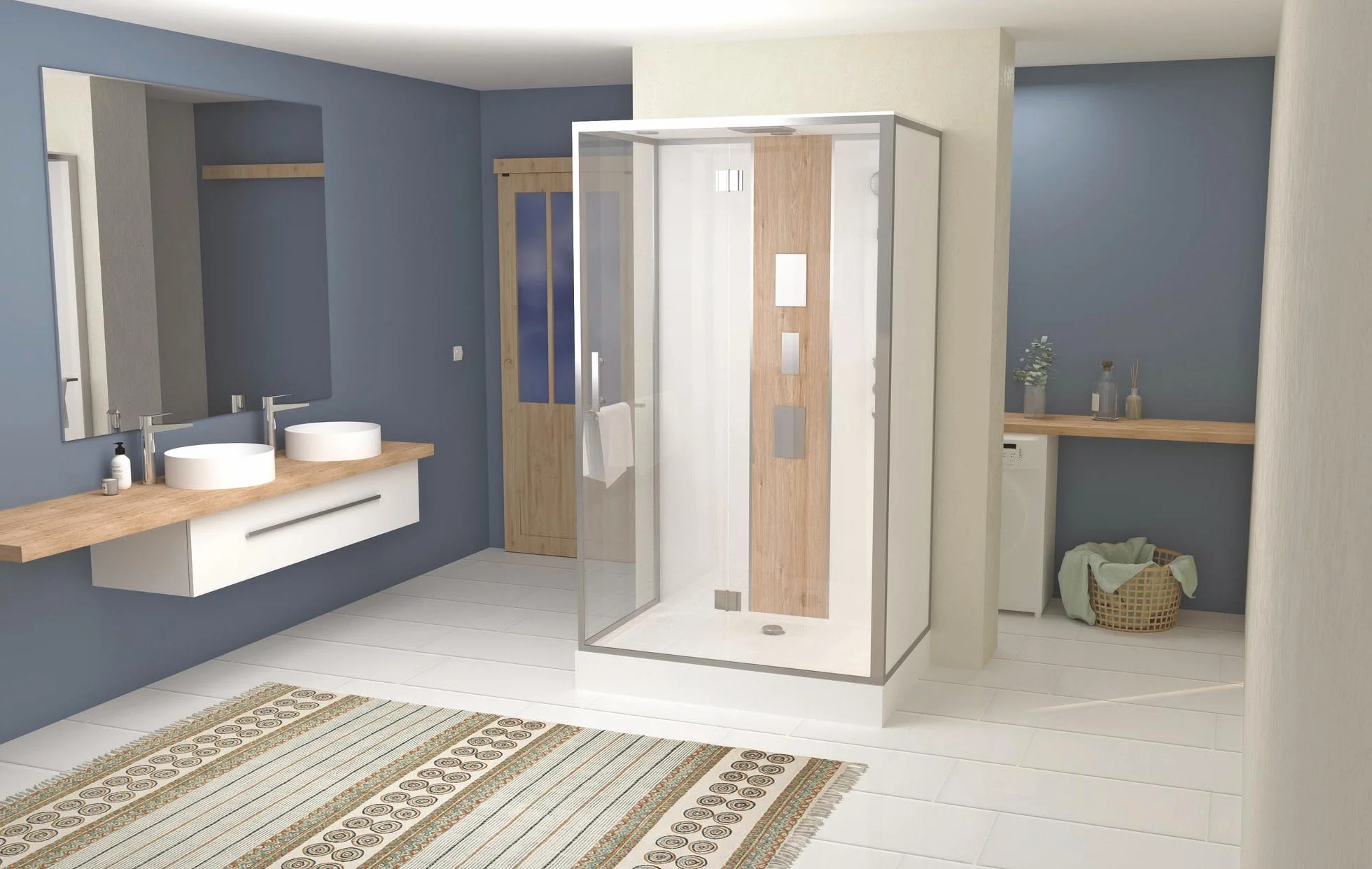 Cabina de hidromasaje SÖREN SLIM - Perfiles de cromo y madera - Acceso frontal con puerta pivotante de vidrio 6mm - 140x80x212cm - 2 rejillas de jets hidromasaje de metal cromado