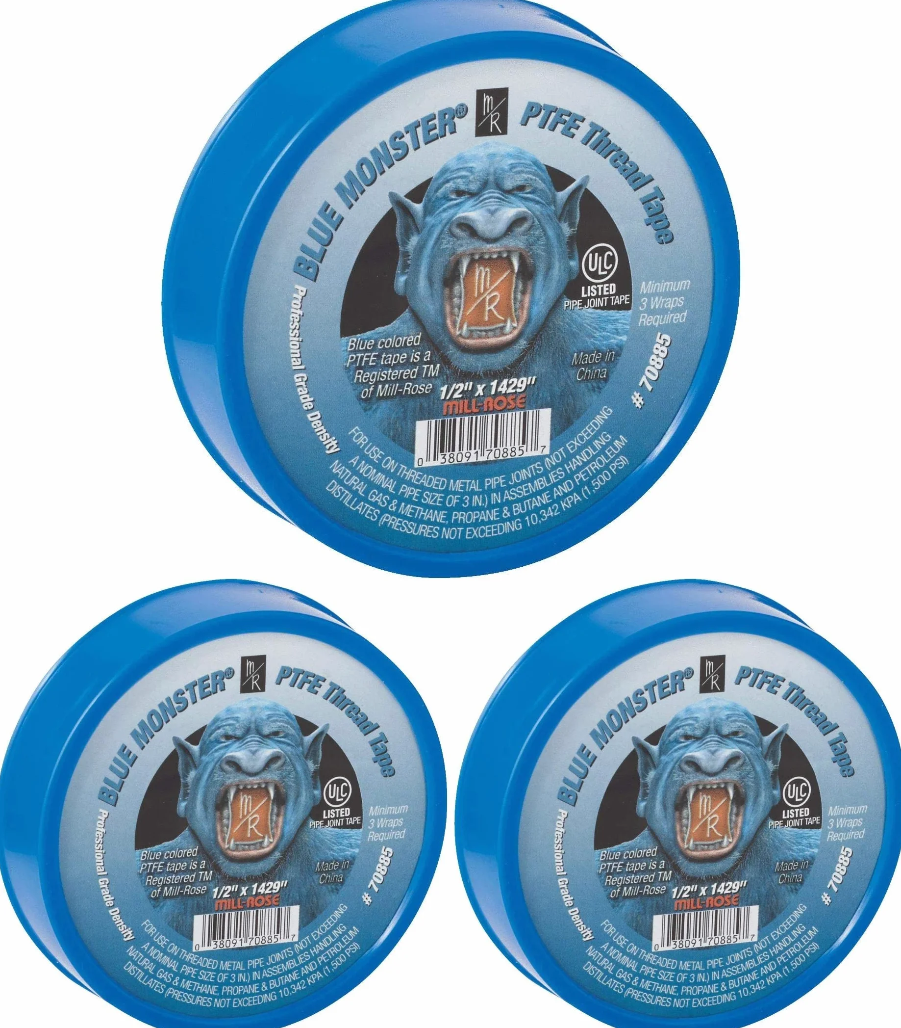 Millrose Blue 70885 Monster PTFE - Lote de 3 cintas de sellado para rosca de tubería, 1,27 cm x 3429 cm