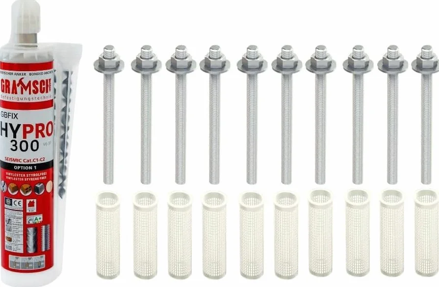 10x varillas de anclaje de 8x110mm galvanizadas + 1x HYPRO 300 + 10x 12x80mm tamiz para montajes M6-M16 (acero galvanizado, M8 x 110mm)
