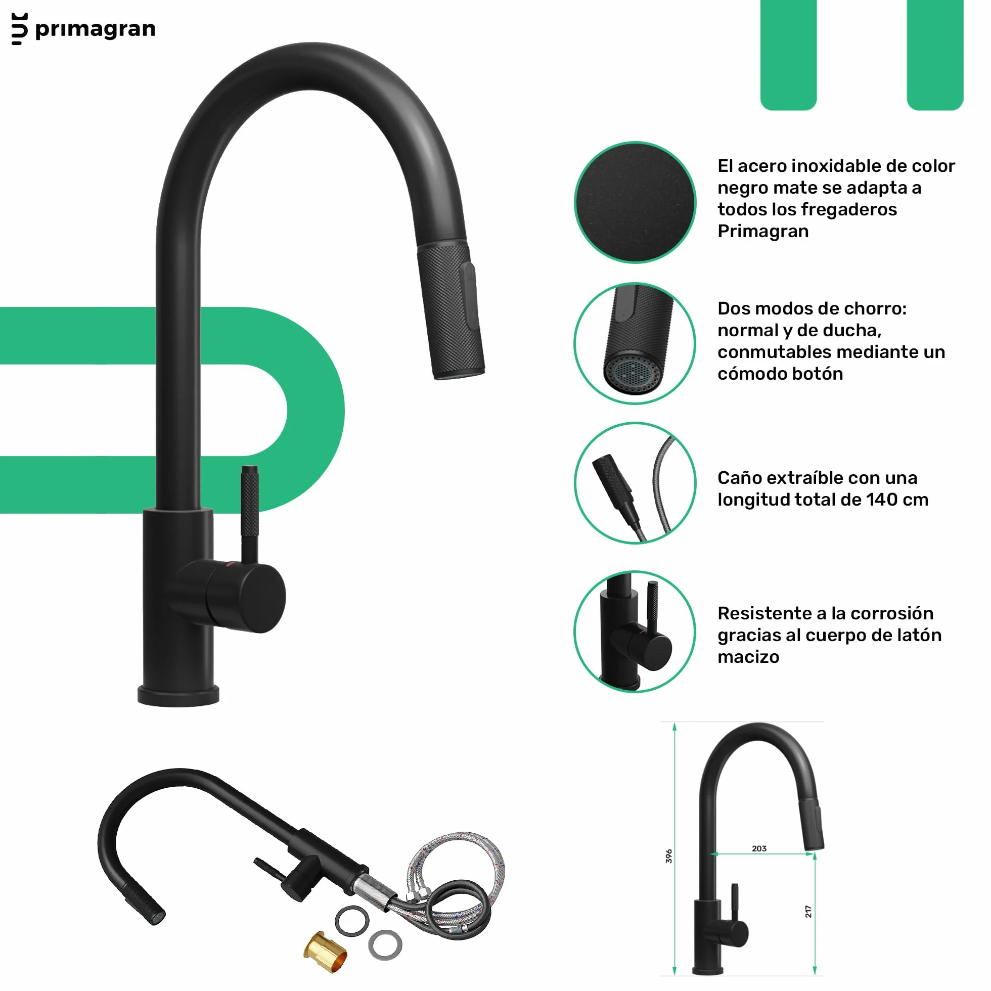 PRIMAGRAN Fregadero Granito Todo Negro 76x47cm, Cocina 1 Seno + Grifo 40x20cm + Sifón + Enrollable Escurridor, Sobre Encimera al Mueble 80cm - London Slim S531