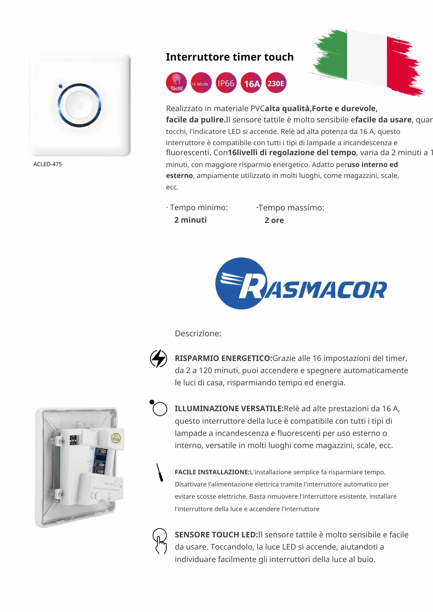 RASMACOR | Interruptor Temporizador Táctil LED de Pared IP66 | para Uso en Exteriores e Interiores | 16 Niveles de Ajuste de Tiempo 16A 230V | Entre 2 y 120 Minutos | Facil Instalacion (Blanco)