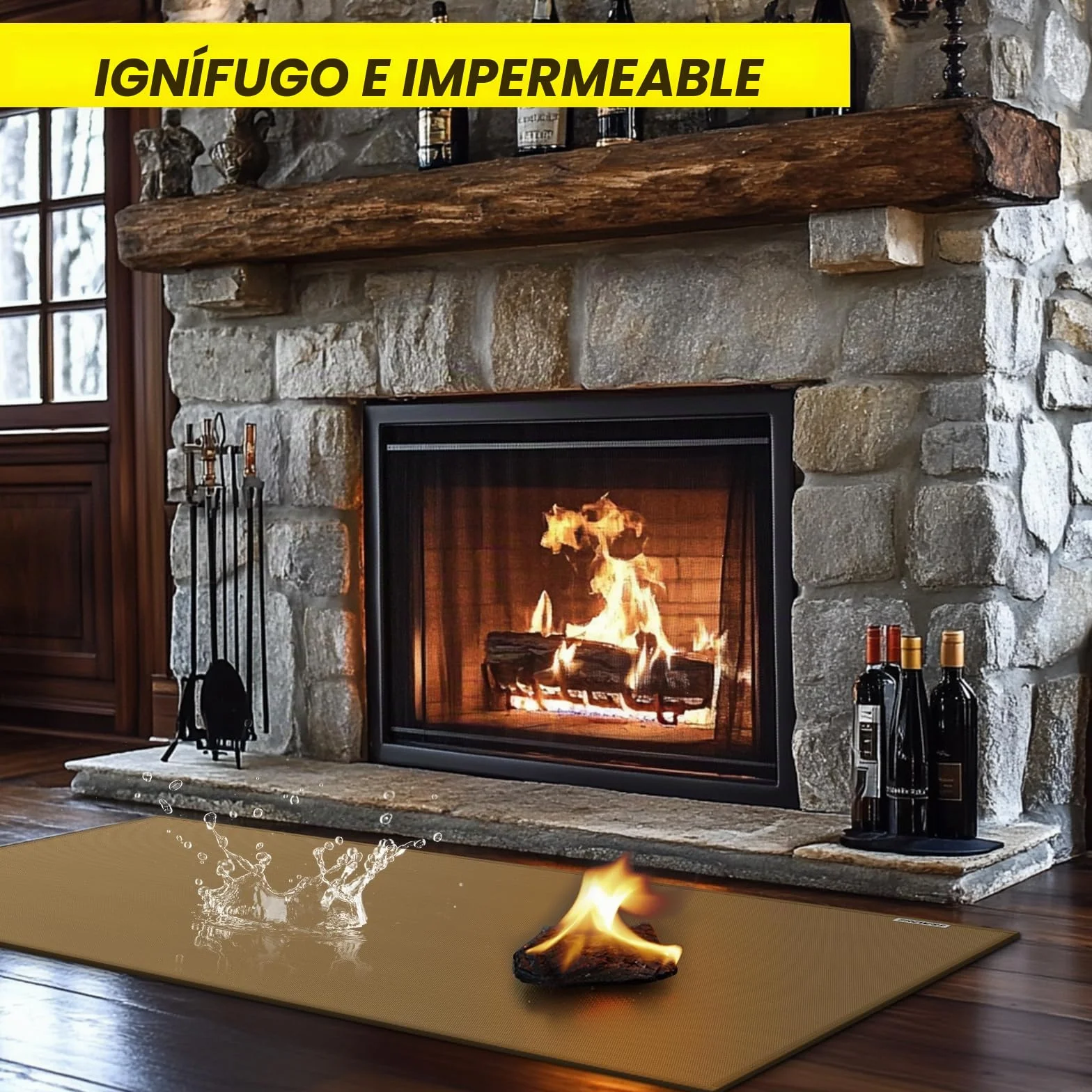 Alfombra ignífuga para chimenea 105x60 cm marrón