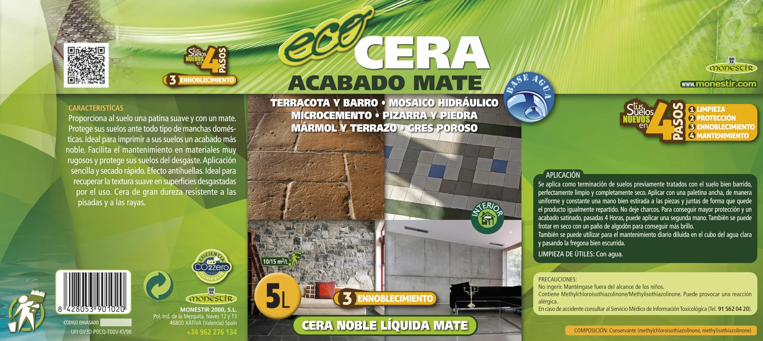 Monestir Cera Noble Líquida Mate para encerado de barro y suelos de Terracota, mármol envejecido y mosaico hidráulico 5L