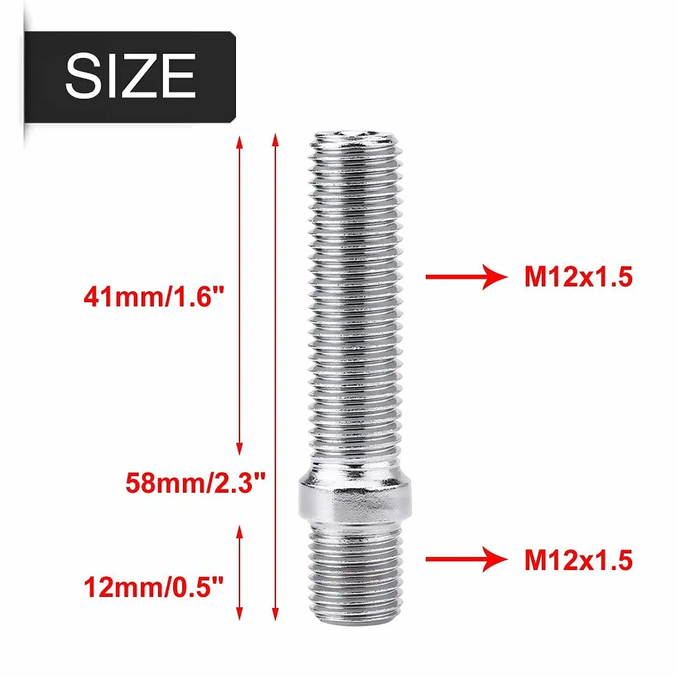 Perno de ruedas, 20 unids 57 mm Rueda extendida Perno de conversión 12x1.5 a 12x1.5 Adaptador de tornillo