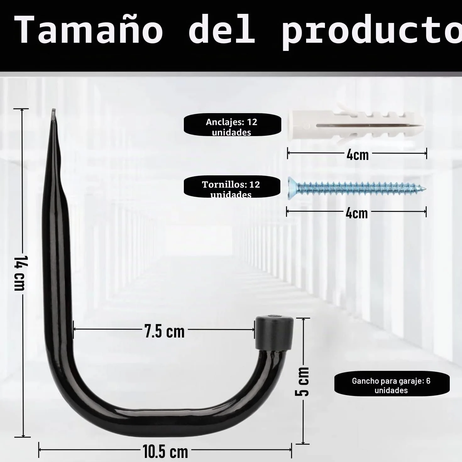 Ganchos de garaje, paquete de 6 ganchos de almacenamiento resistentes, ganchos de herramientas de jardín de 10,5 cm, ganchos de fijación para montaje en pared