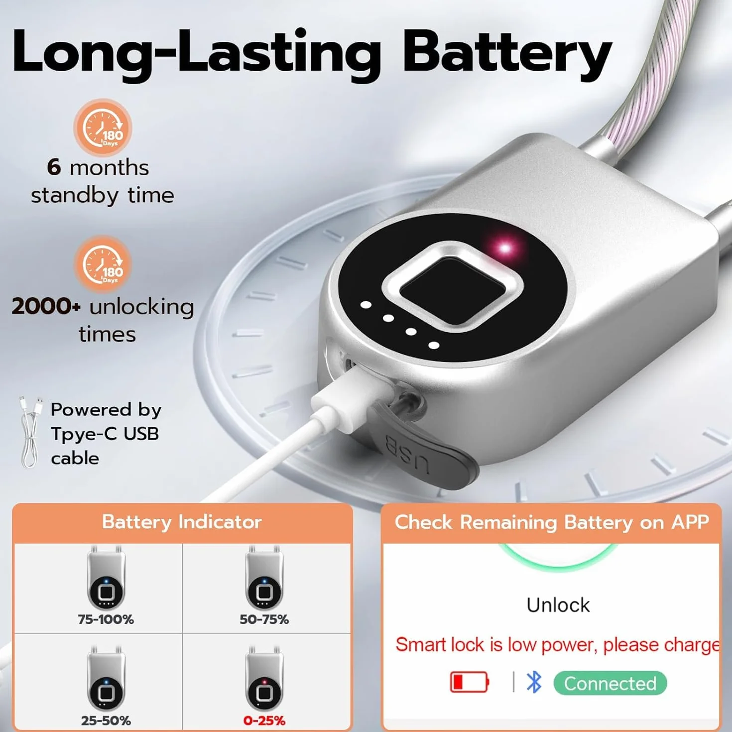 eLinksmart Candado de cordón, candado de cable de huellas dactilares, candado de aplicación para teléfono móvil, cerradura de equipaje, cerradura de muebles, taquilla, resistente al agua