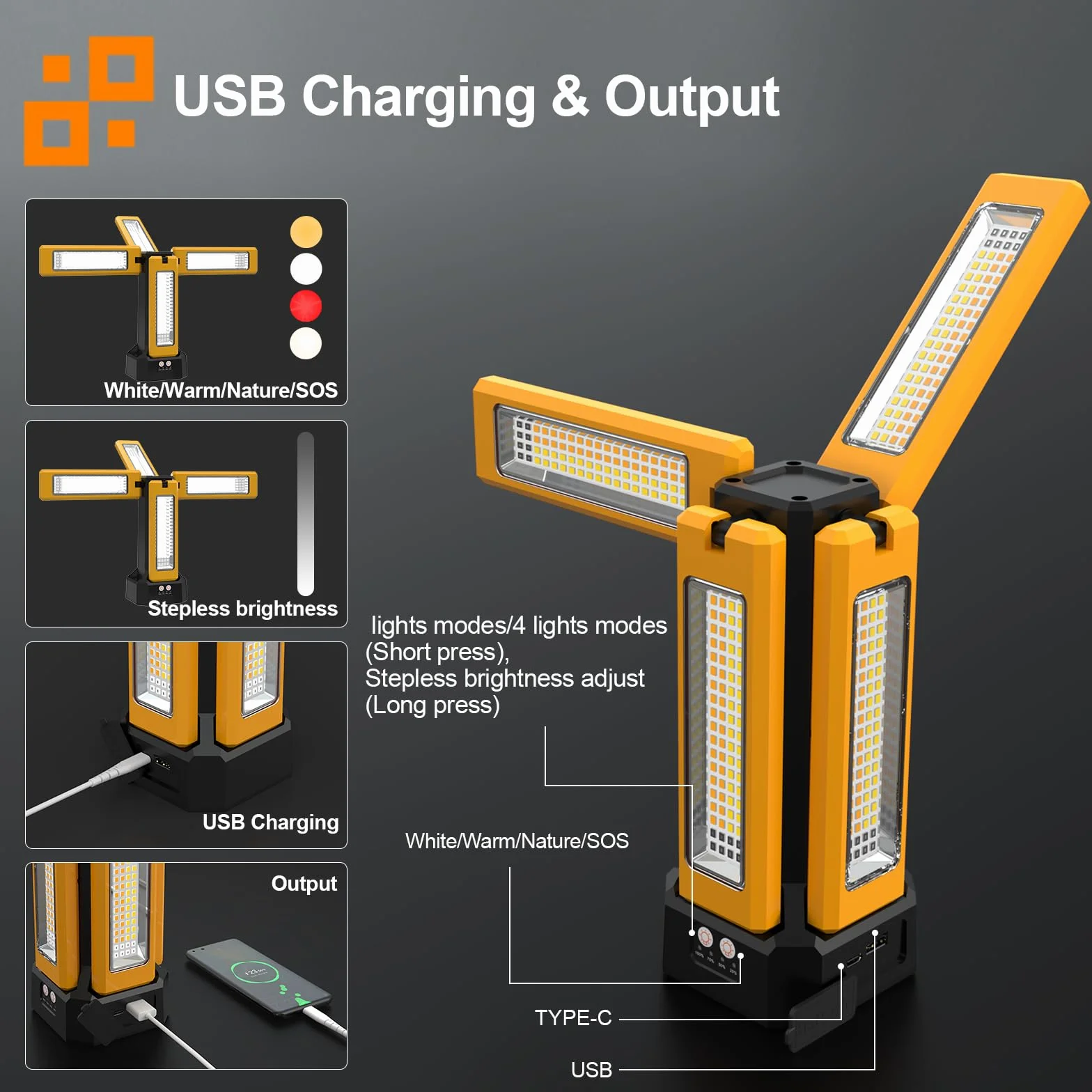 Foco de Construcción LED con Batería Solar con Trípode, Batería de 13200 mAh de Capacidad, Foco Recargable de Trabajo 8000 Lúmenes, Para Obras de Camping, Estudio (Naranja)