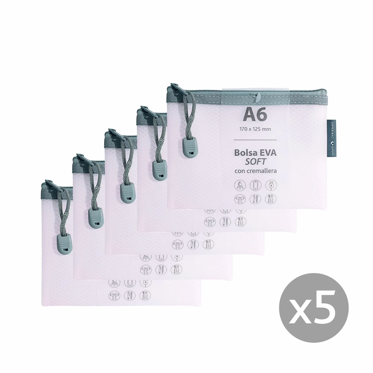 Grafoplas Pack de 5 Bolsas con Cremallera EVA Soft a6, Rosa Pastel, Tacto Suave, Zipper Bags Hechas con Goma EVA Transparente, Ideal para Transportar y Proteger Todo Tipo de Artículos y Documentos