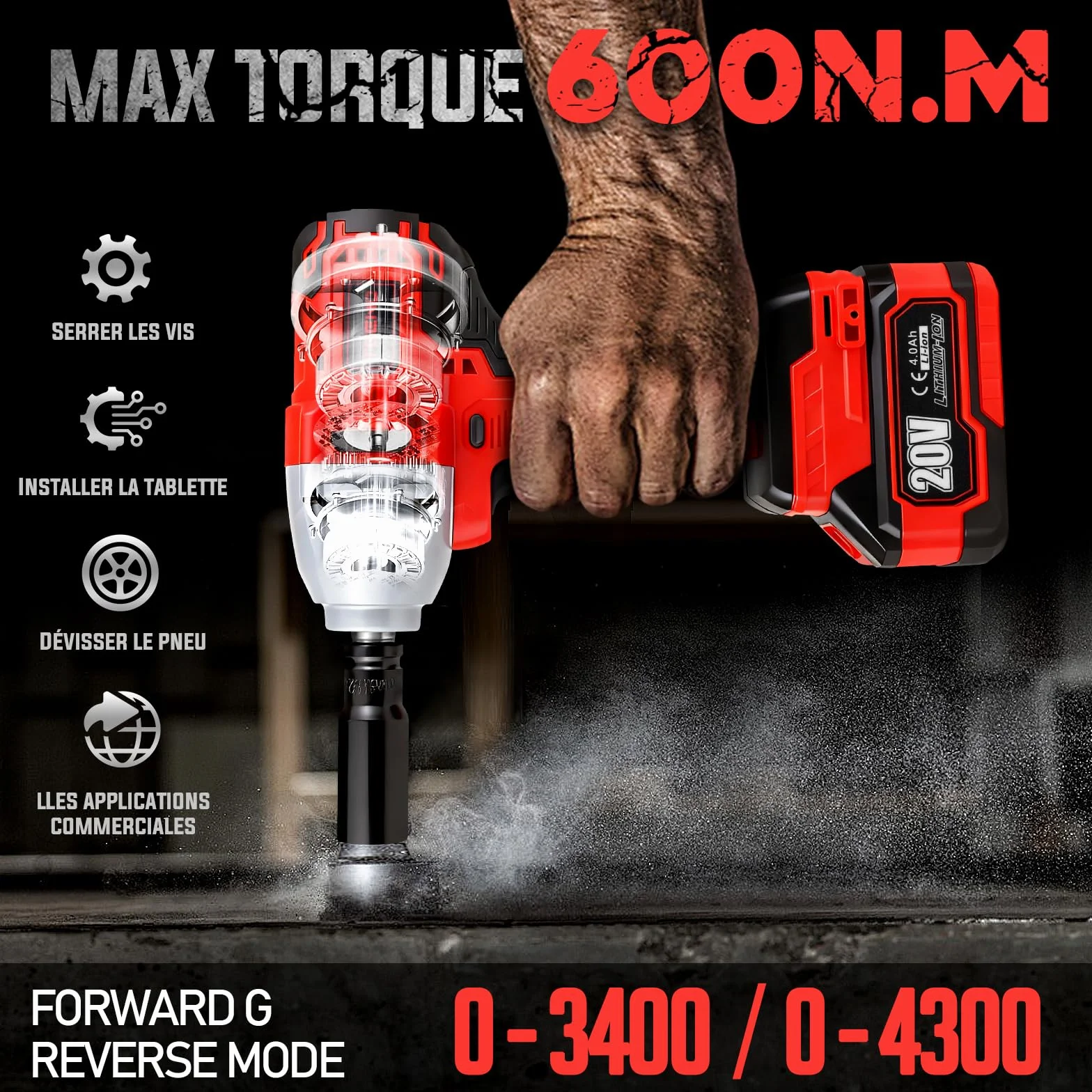 TEENO Llave de impacto, inalámbrica,1/2" Pistola de Impacto Bateria 600 Nm con batería de 1x4.0Ah, llave de impacto con 4 boquillas(17/19/21/22mm), giratoria para coche y uso