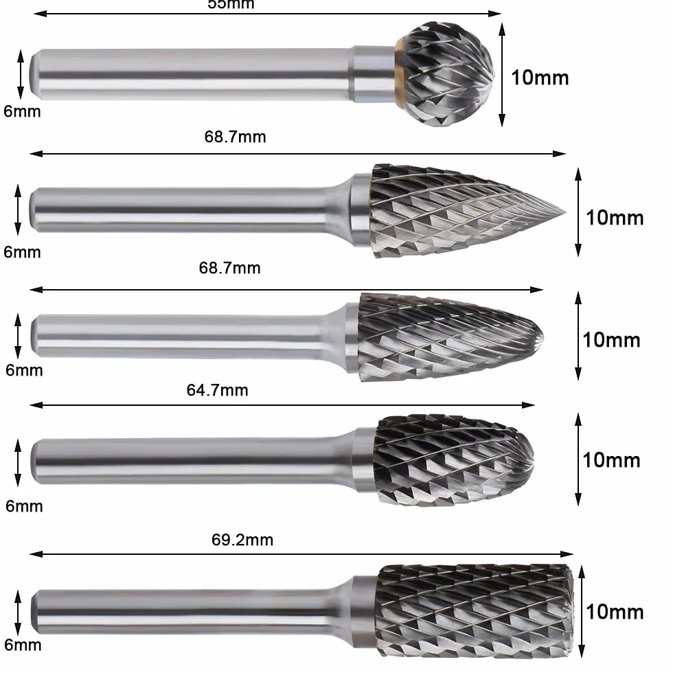 Escofina 5stk – Fresa Metal Lápices Set Taladro Bit fresas de diamante Rotary Archivo Tungsteno Acero Herramientas Rotary Burr(6 x 10mm).