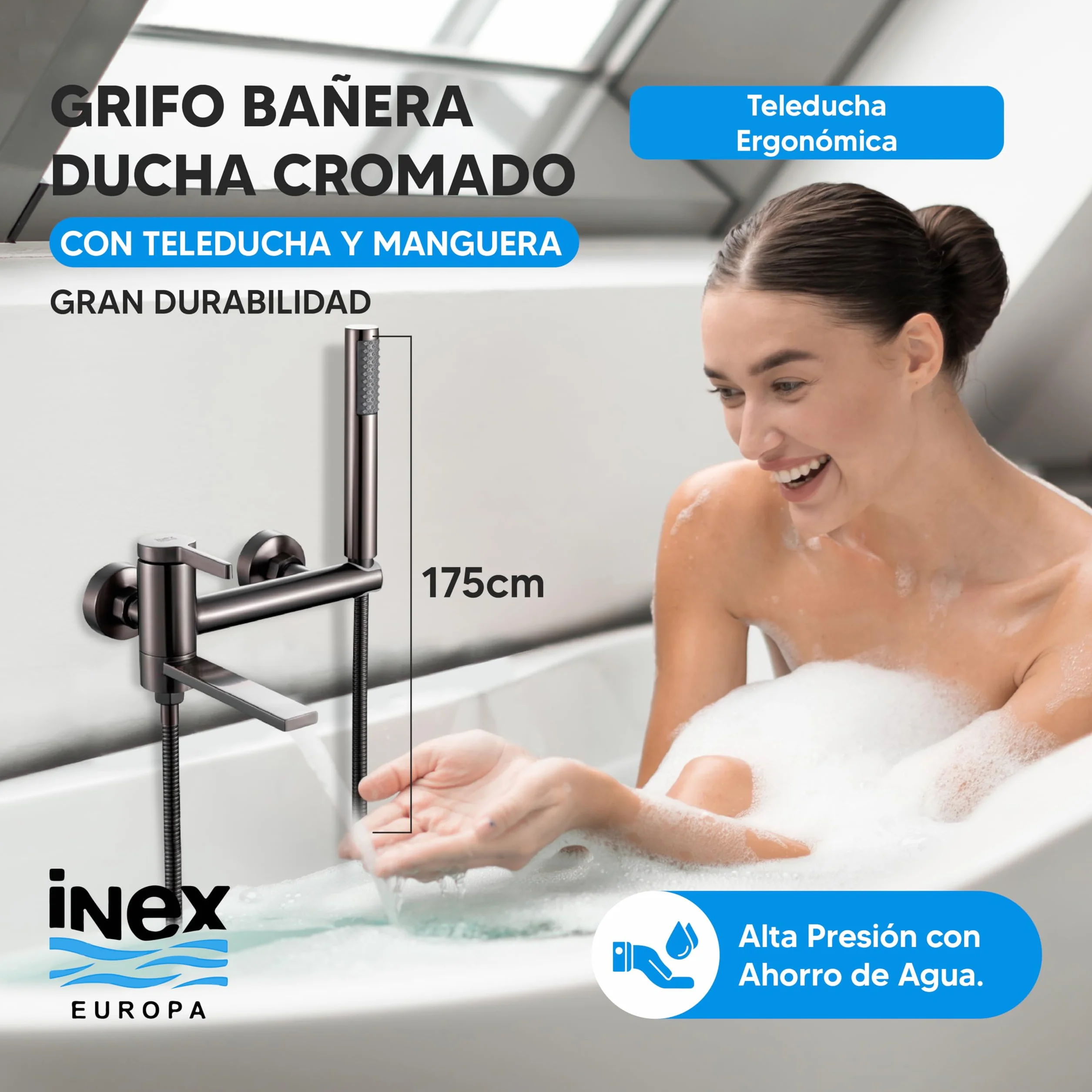 INEX EUROPA Grifo Bañera Ducha Acero Inoxidable Monomando Alta Presión Manguera 175cm Gris