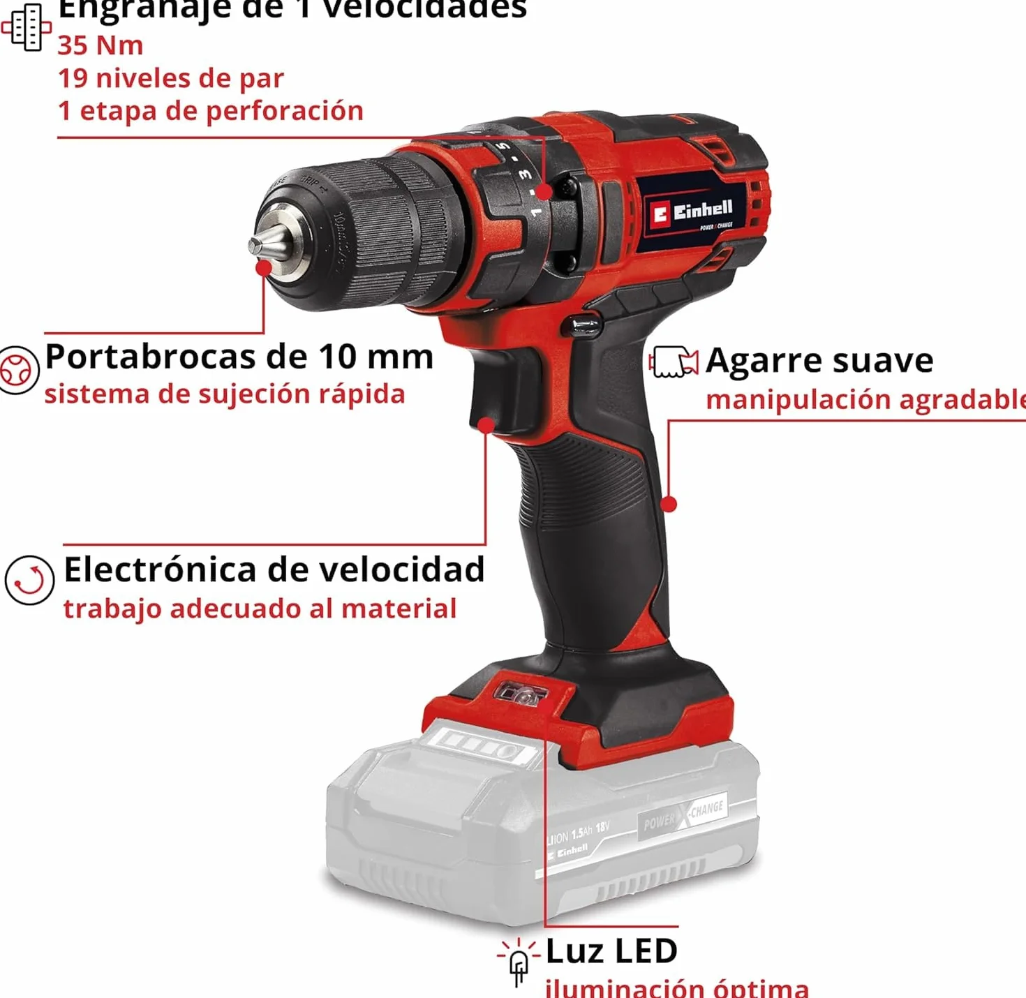 Einhell TC-CD 18/35 Taladro/destornillador inalámbrico Li - Solo Power X-Change (iones de litio, atenuador electrónico, iluminación LED, sin batería ni cargador) Rojo, Negro