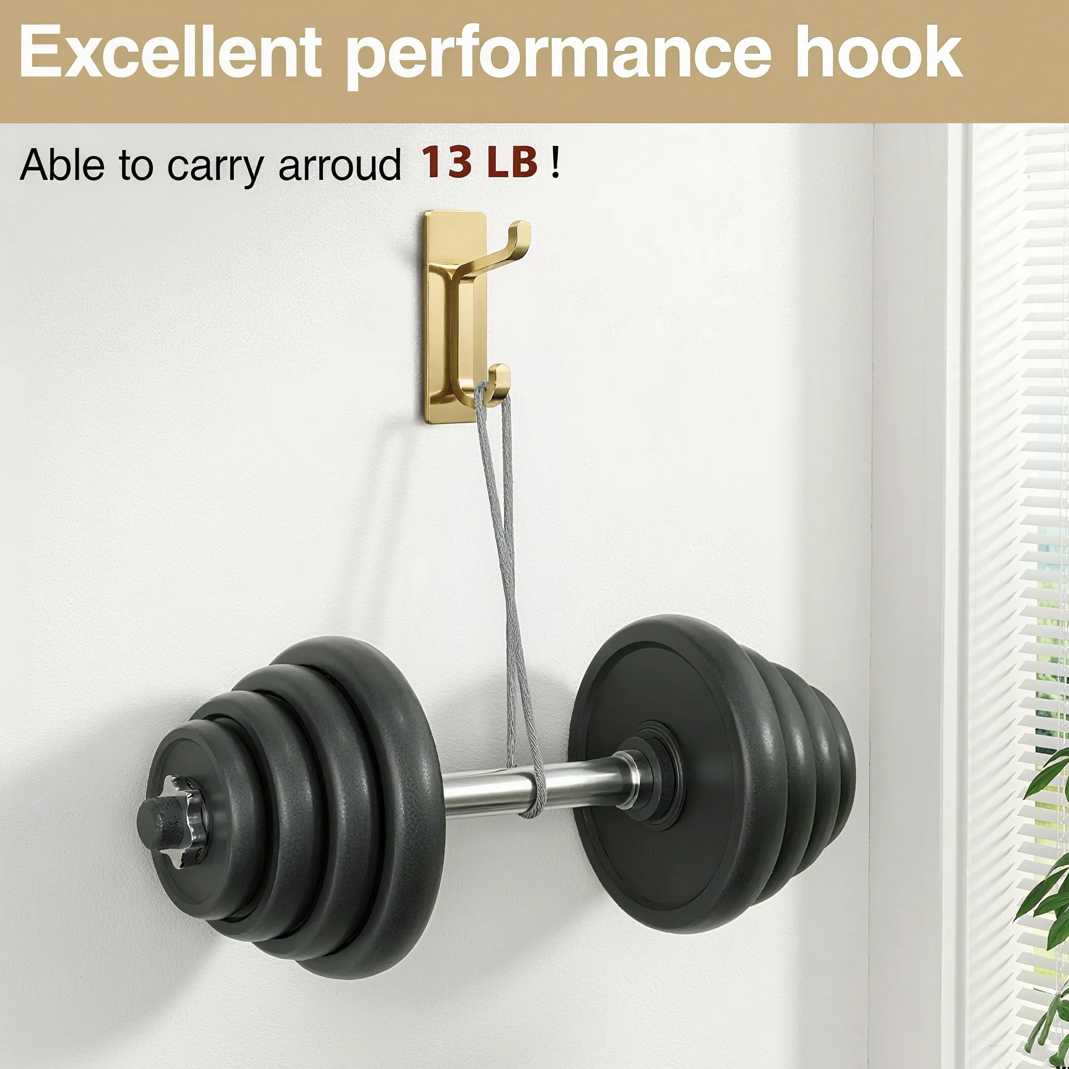 Josmimic Toallero sin taladro: ganchos adhesivos extra fuertes de 6 kg, ganchos de pared autoadhesivos para baños, ganchos para toallas y abrigos, juego de 4, dorado
