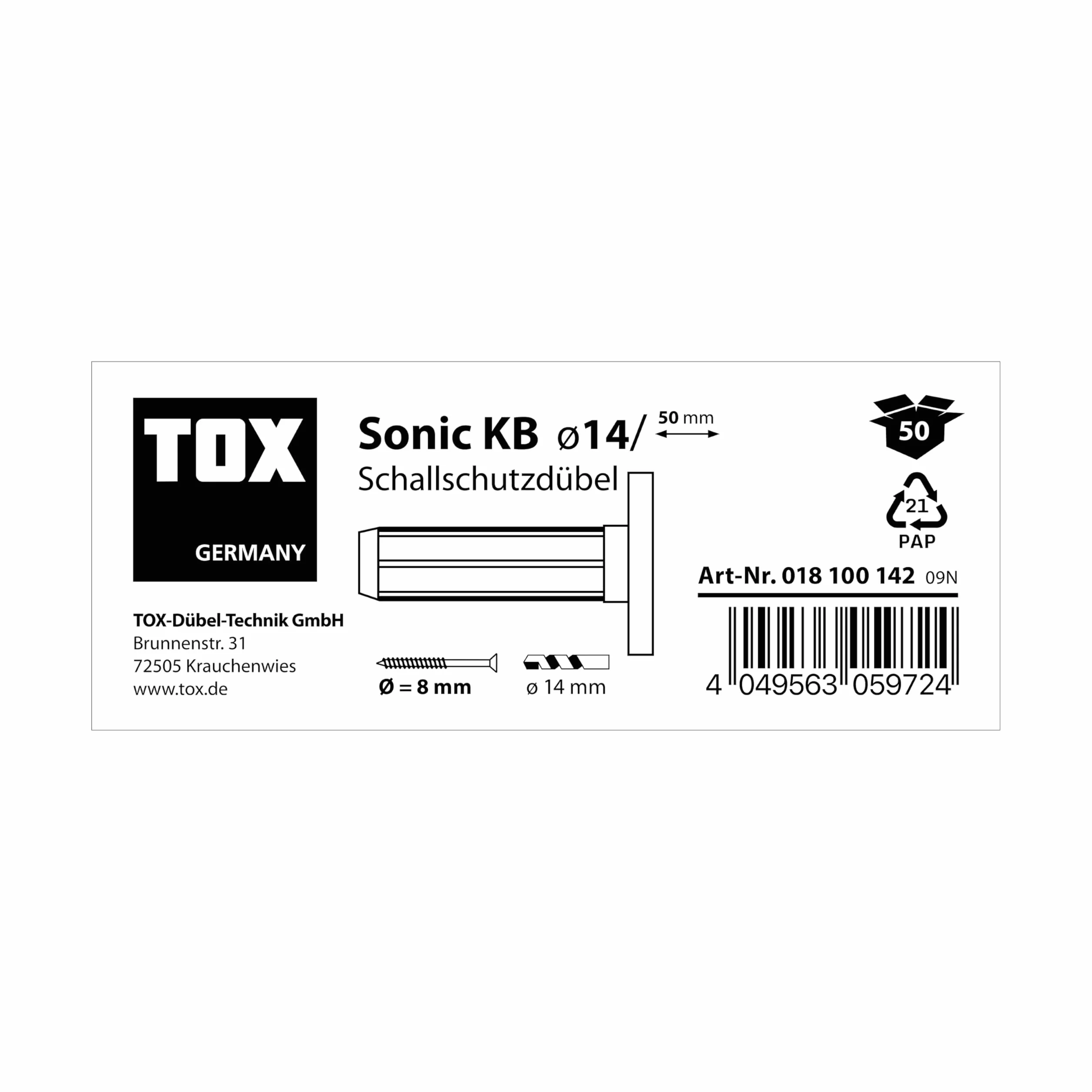 TOX tacos insonorizantes con collar Sonic KB 14/50, tacos insonorizantes con revestimiento de goma, para subestructuras y construcciones insonorizantes, 50 unidades por caja, 018100142
