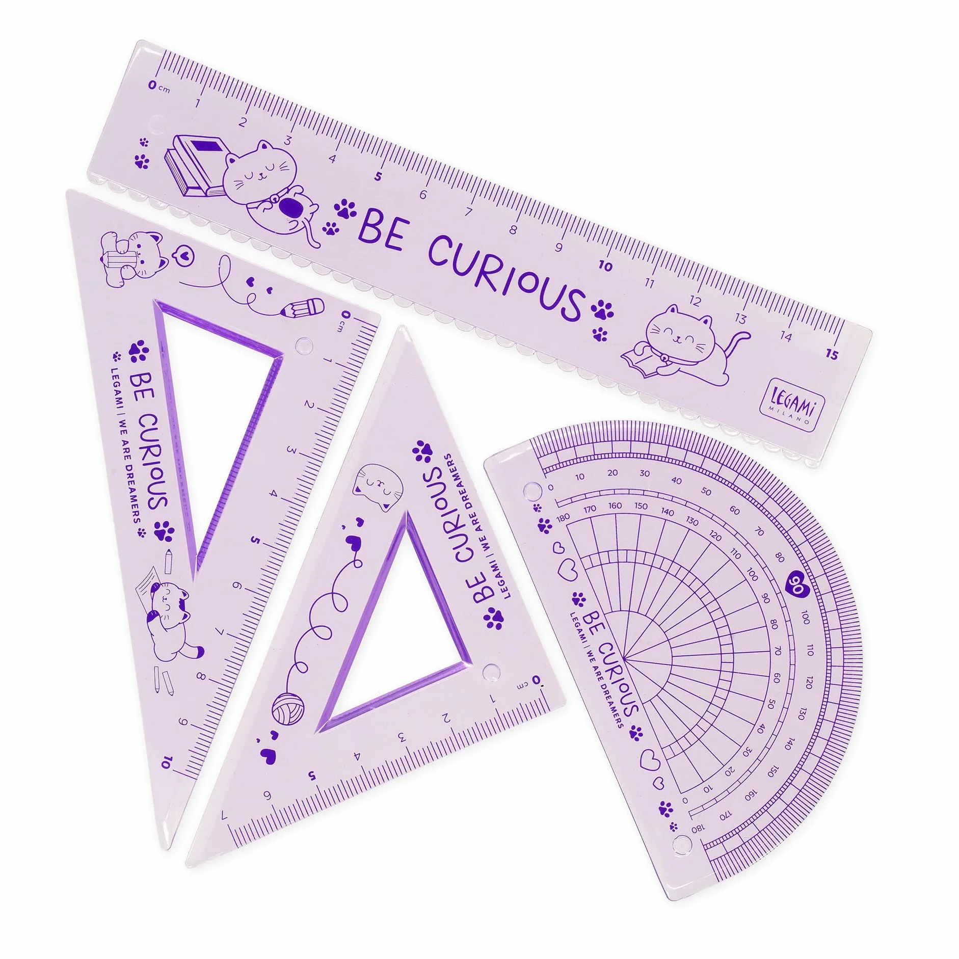 Legami Juego de Geometría con Regla 15 cm, Cuadrado 60° 10 cm, Goniómetro 180°, Estuche Incluido, Flexible, Tema Kitty