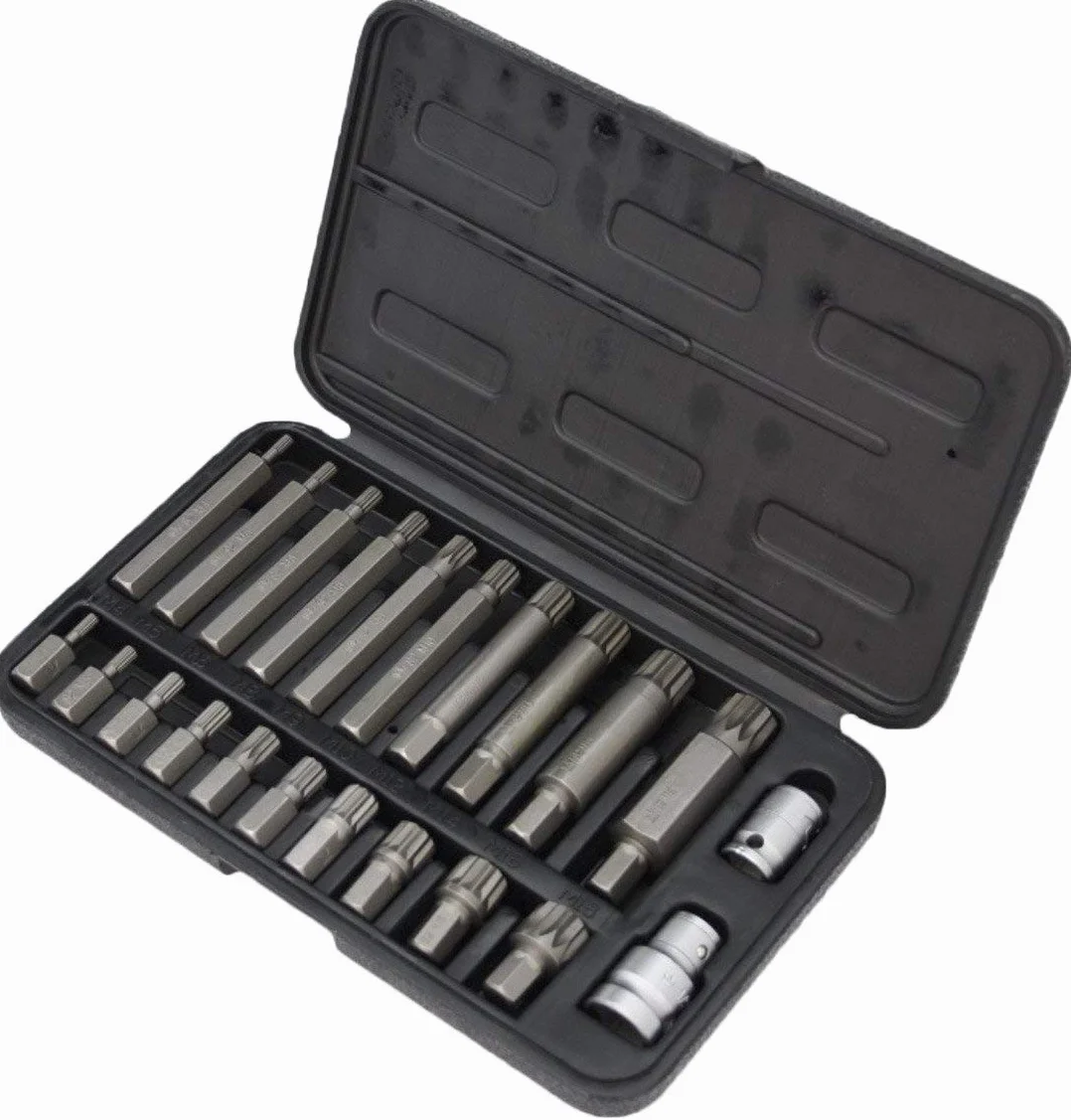 Juego de 22 piezas SPLINE (30, 75 mm) Juego de casquillos XZN (M4 M5 M6 M8 M9 M10 M12 M14 M16 M18) + 2 adaptadores de 1/2" y 3/8" pulgadas – Juego de llaves de enchufe (HRC 62) – Acero S2, Cr-V