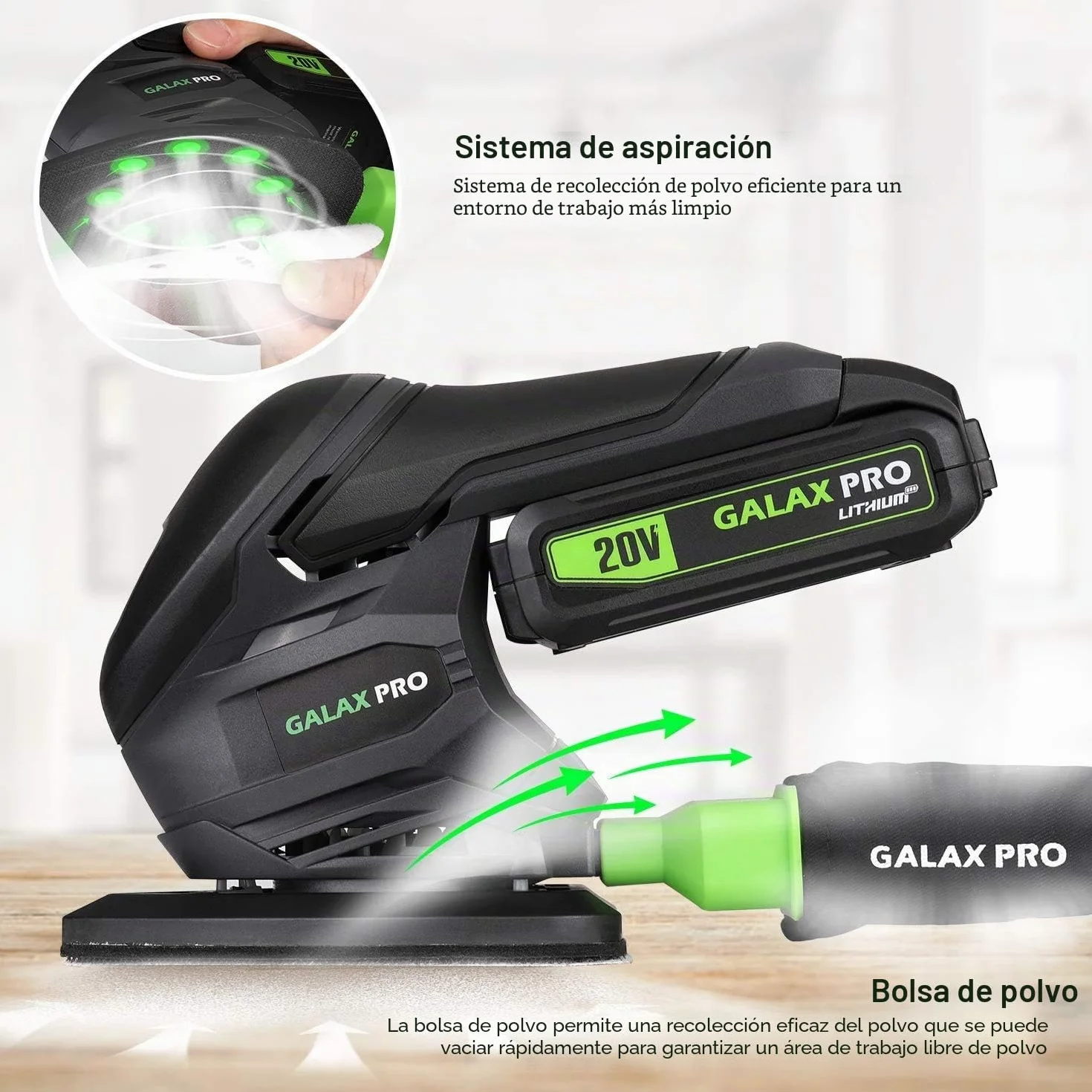 GALAX PRO Lijadora de Detalle Mouse 20V con Bolsa de Filtro,Velocidad 12,000 RPM Lijadora Madera incluye batería y cargador,20 Papeles de Lija
