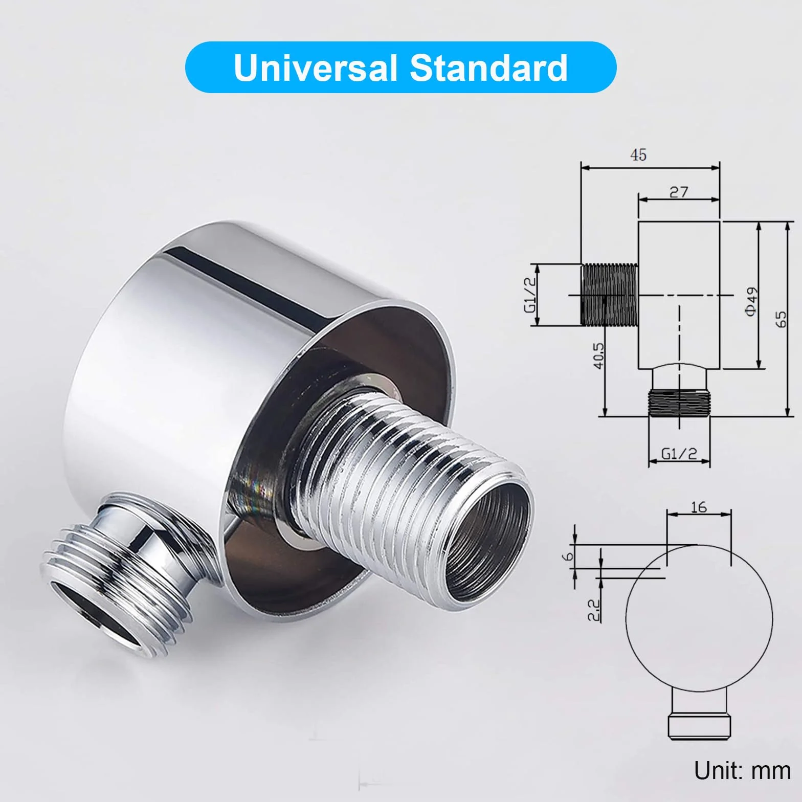 Codo de Conexión Universal de Pared para Ducha 1/2 Pulgadas Plateado Redondo