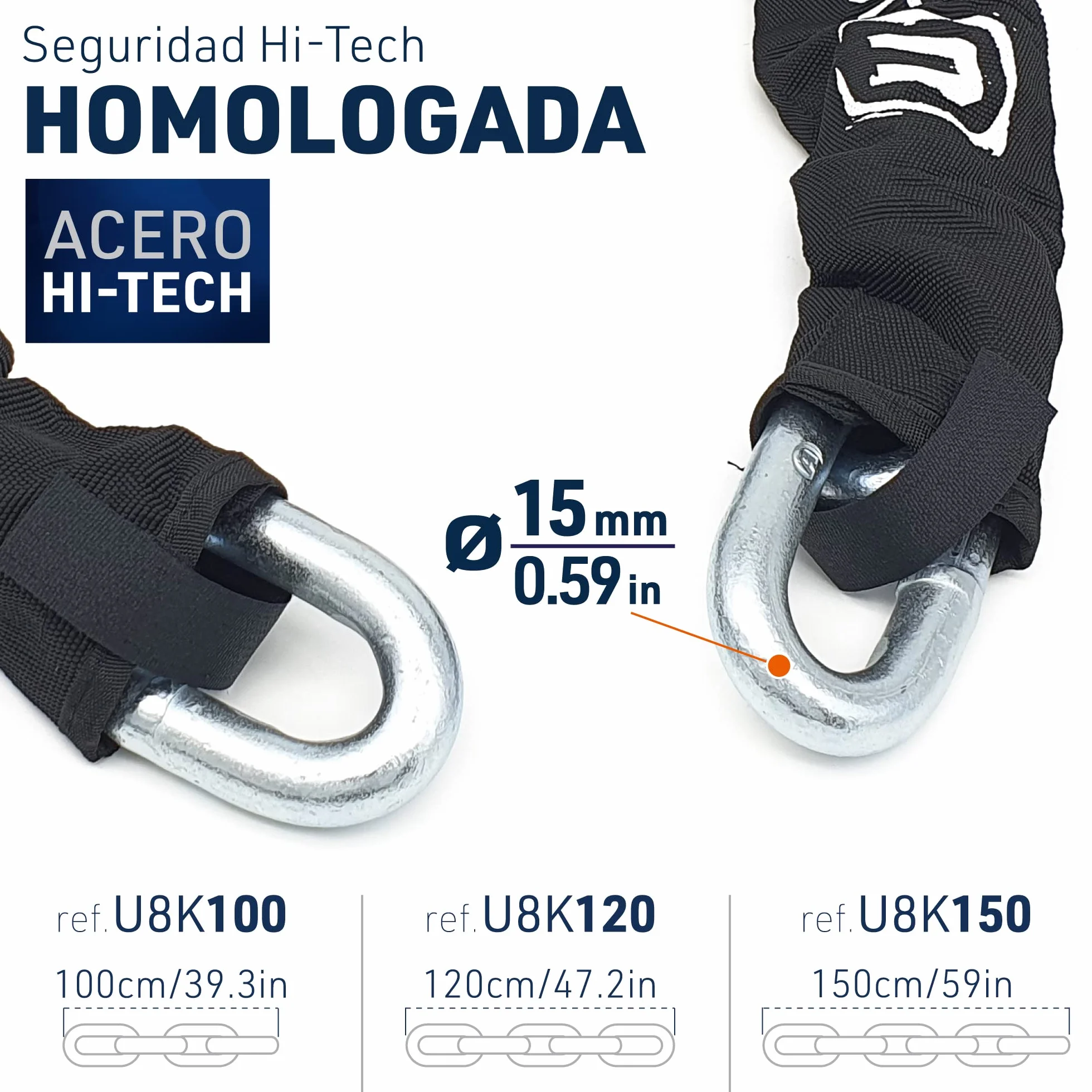 URBAN U8K100 Candado Moto Cadena Antirrobo, Homologación SRA Alta Seguridad, Acero Endurecido ø15, Doble Cierre, Cerradura Anti-Ganzua Anti-Taladro, 100cm para Anclaje Garaje Moto Bicicleta Eléctrica