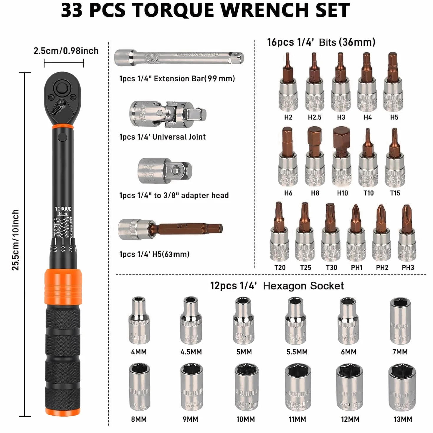 Llave dinamométrica para bicicleta de 1/4" 2-24 Nm, juego de llaves de torque de 33 piezas con trinquete (72 dientes), precisión de ±3%, para bicicleta, motocicleta, montaje de muebles