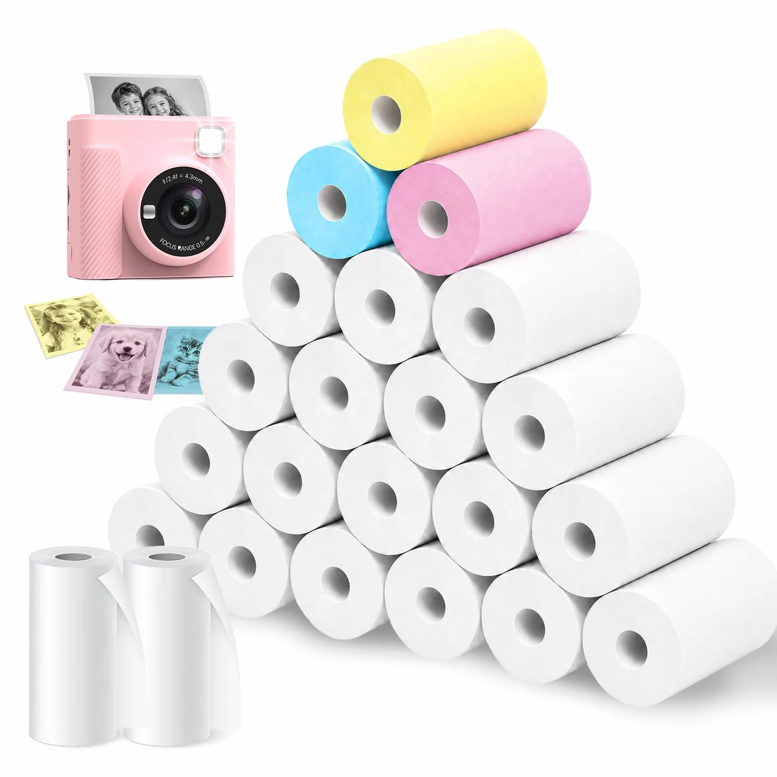 23 Rollos Papel Térmico para Cámara Infantil, 20 Blancos + 3 Colores (Rosa, Azul, Amarillo), Rollo Papel Cámara Fotos Infantil Instantánea, Fácil de Recargar, 5.7 x 2.5 cm