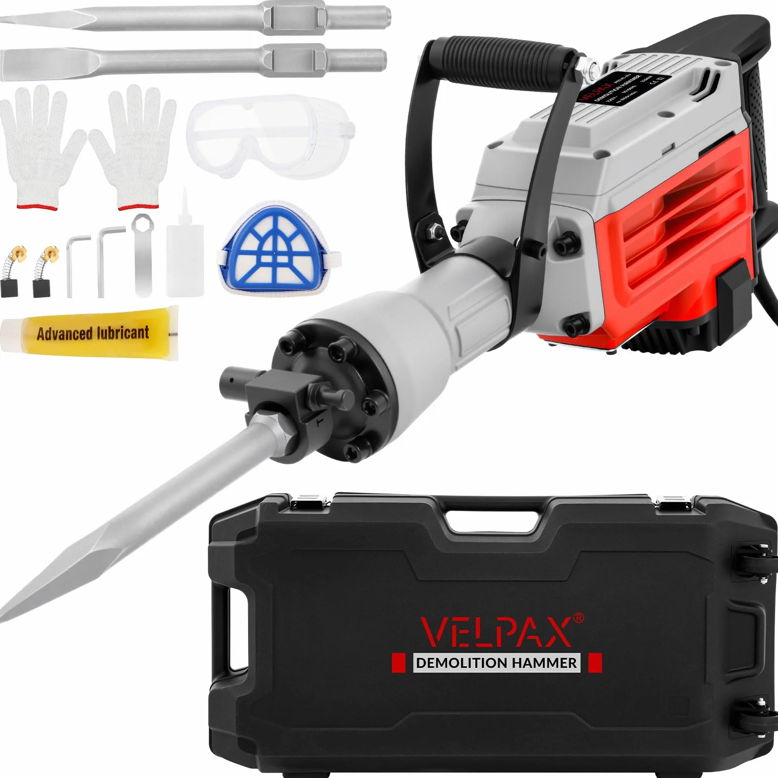 Martillo de Demolición 3500W SDS-Hex, 60J de Fuerza de Impacto, 1900 BPM, con 2 Cinceles Reemplazables, Mango Antivibración y Caja de Transporte - Martillo Percutor Para Hormigón y Obras Pesadas