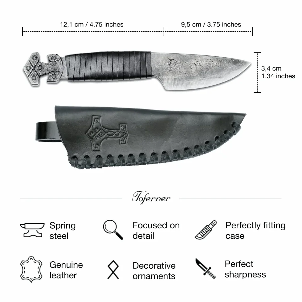 Toferner - Cuchillo de acero Thor - Forjado a mano y aspecto vintage - Elegante diseño antiguo - Incluye estuche de cuero auténtico