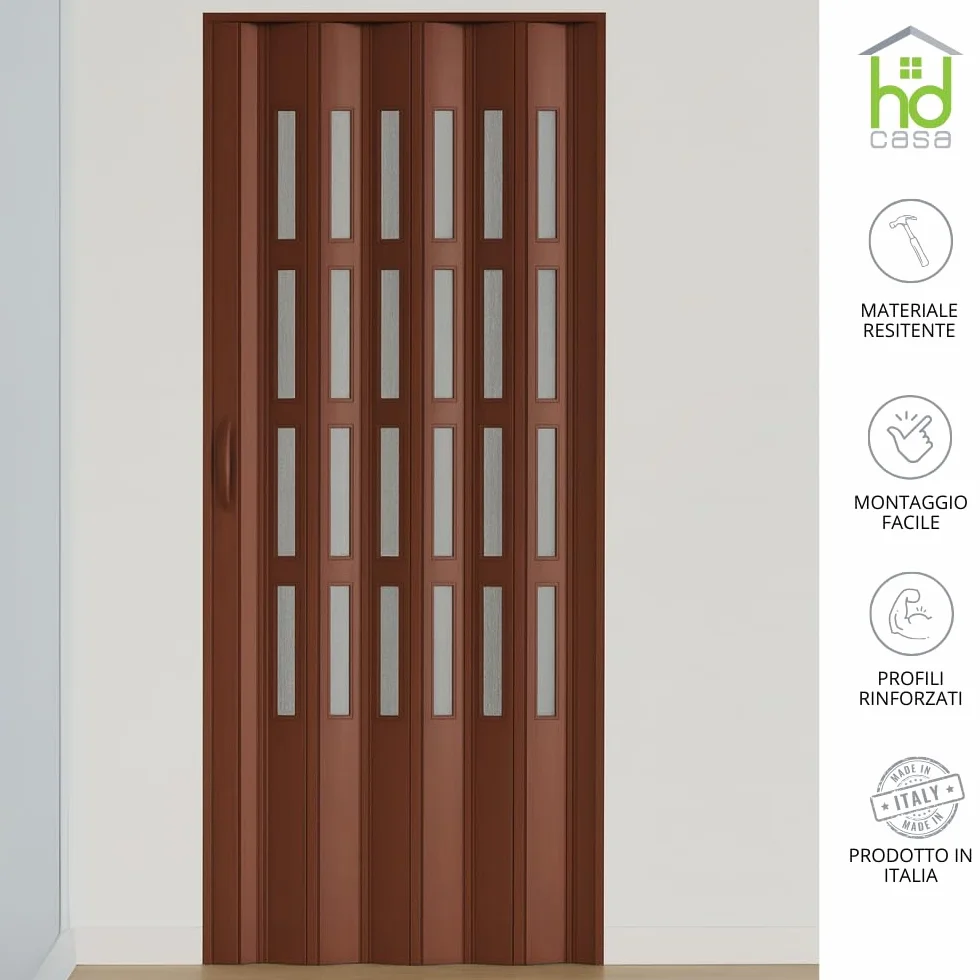 HDcasa Puerta plegable Extra Standard, PVC con cristal transparente, reversible y regulable en altura longitud, para montaje propio, fabricada Italia, decoración del hogar, nogal 82x210 cm