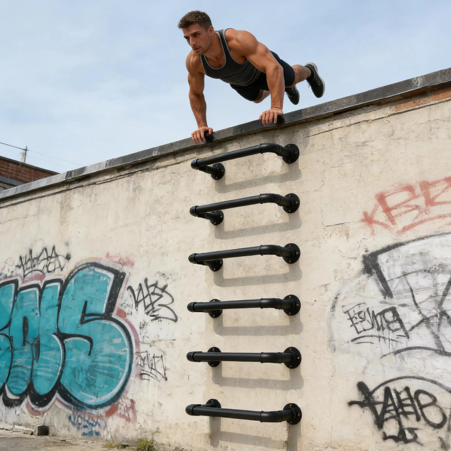 Escalera montada en la pared, 1 peldaño de acero, paquete de 6 para escape de emergencia y acceso a buhardilla, capacidad de 318 kg, acabado negro para todo tipo de clima, con pernos de expansión para