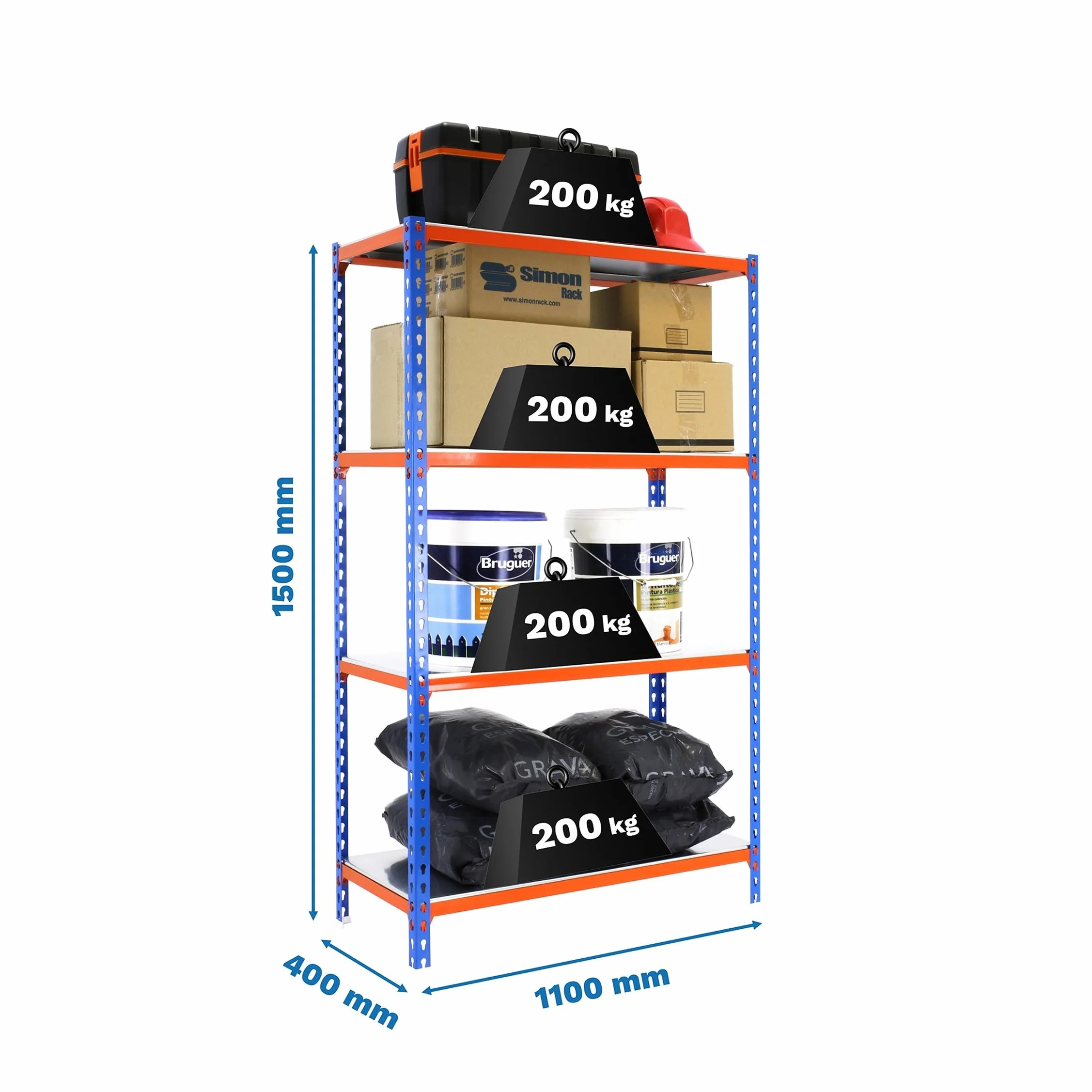 Simon Rack Estanterias Metalicas, 1500x1100x400 mm, 4 Baldas de Metal, 200 kg de Punto Flexión, Estanterias Almacenaje, Azul/Naranja/Galva - Simonclick