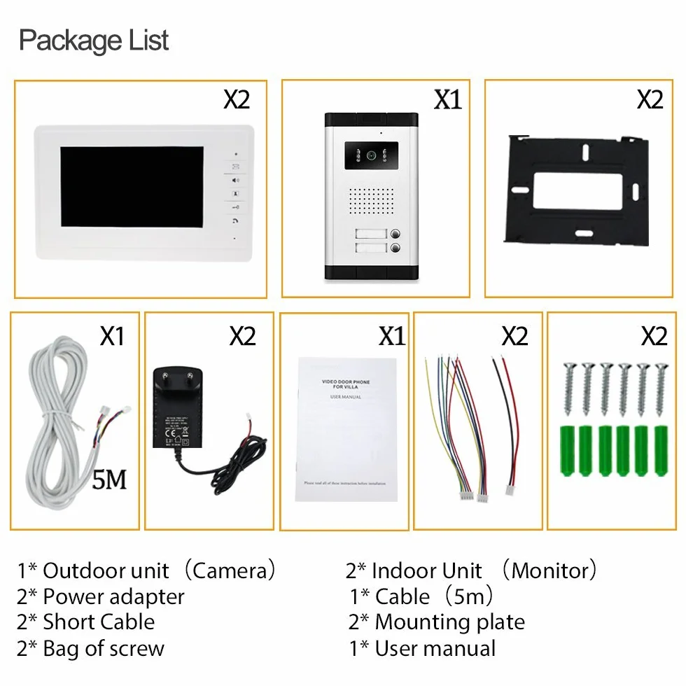 7 '' de intercomunicación Video Portero Puerta Sistema Kit 700TVL IR Visión Nocturna Exterior cámara para 2 Apartamentos