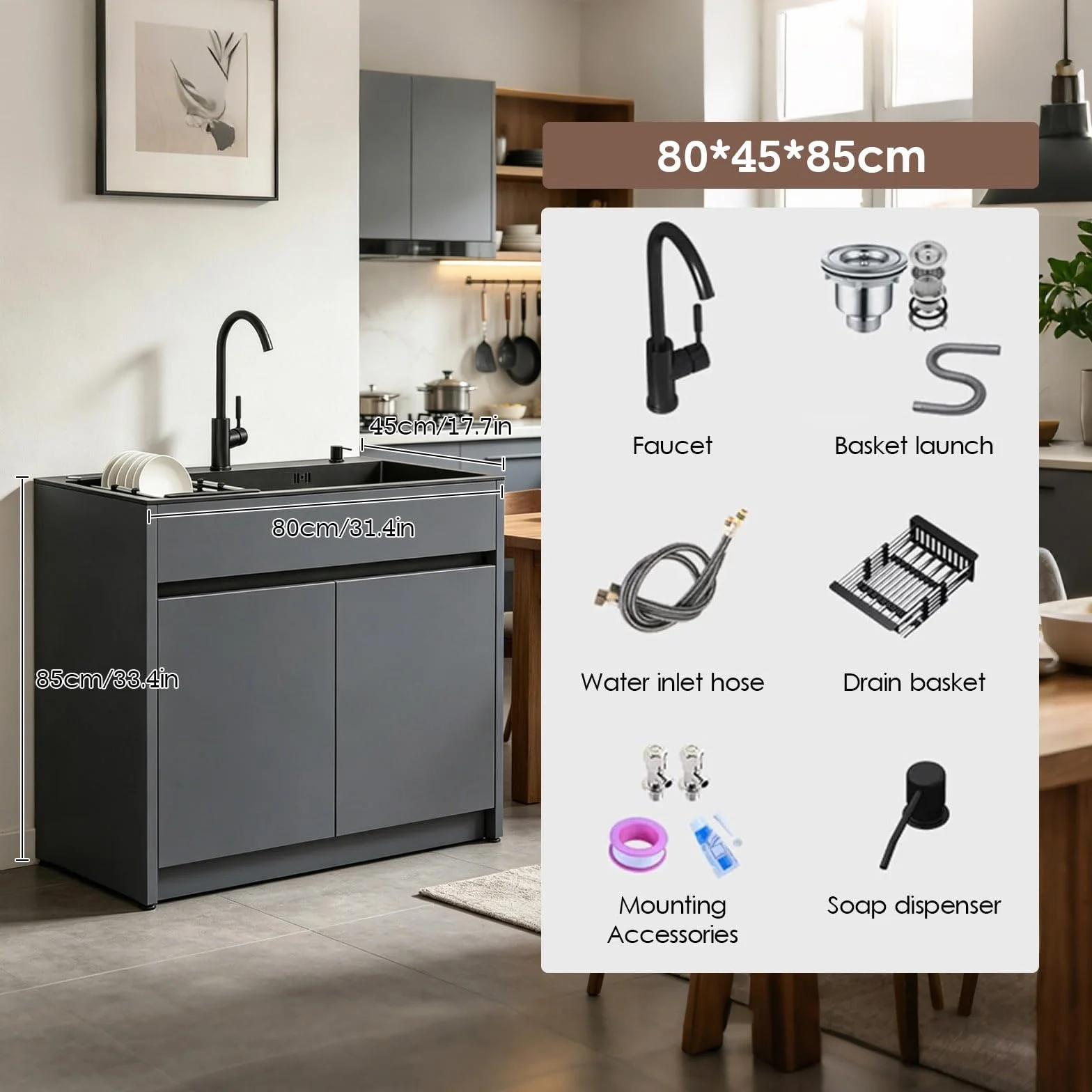 Mueble Fregadero con Cubeta de Acero Inoxidable Negro para Lavadero y Garaje, armario de almacenamiento de aluminio de panel de abeja con grifo, dispensador de jabón y cesta extraíble, ajustable