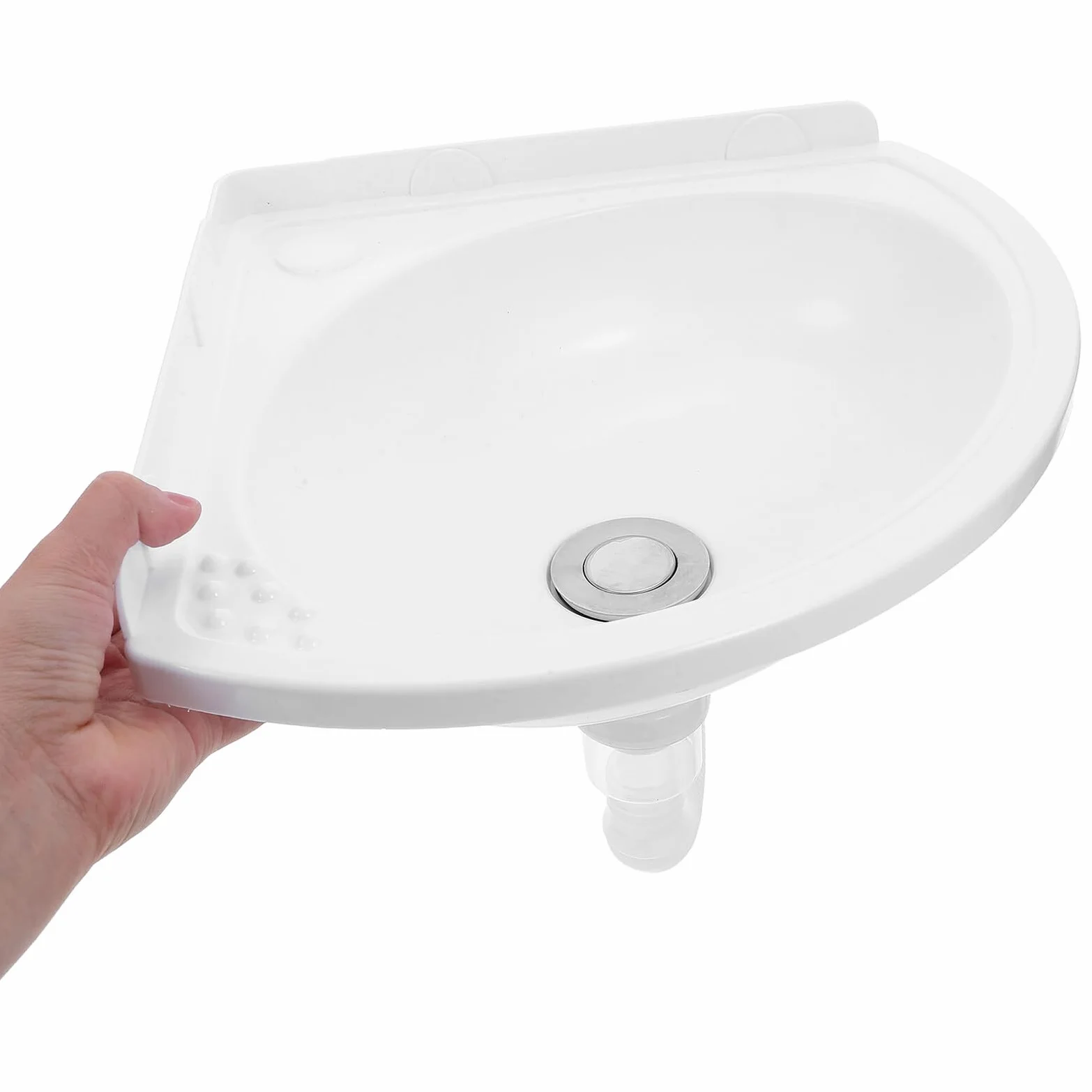 Veemoon Lavabo Pequeño de Esquina Montado Pared Blanco, de Plástico y Acero Inoxidable, Diseño Triangular Moderno para Optimizar Espacios en Baños Pequeños