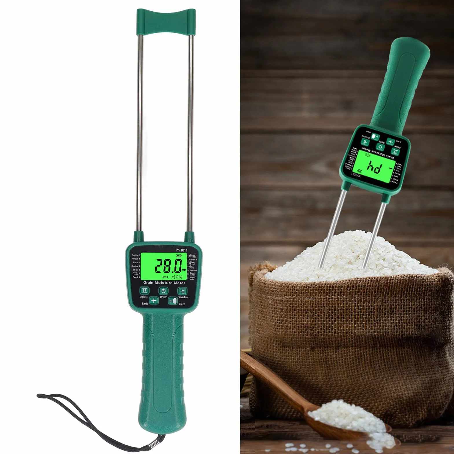 Ausla Medidor de Humedad para Granos, Pantalla LCD con Retroiluminación Sonda Doble Varilla Acero Transmisión Voz en Tiempo Real para Trigo Maíz Arroz Soja y 14 Cultivos