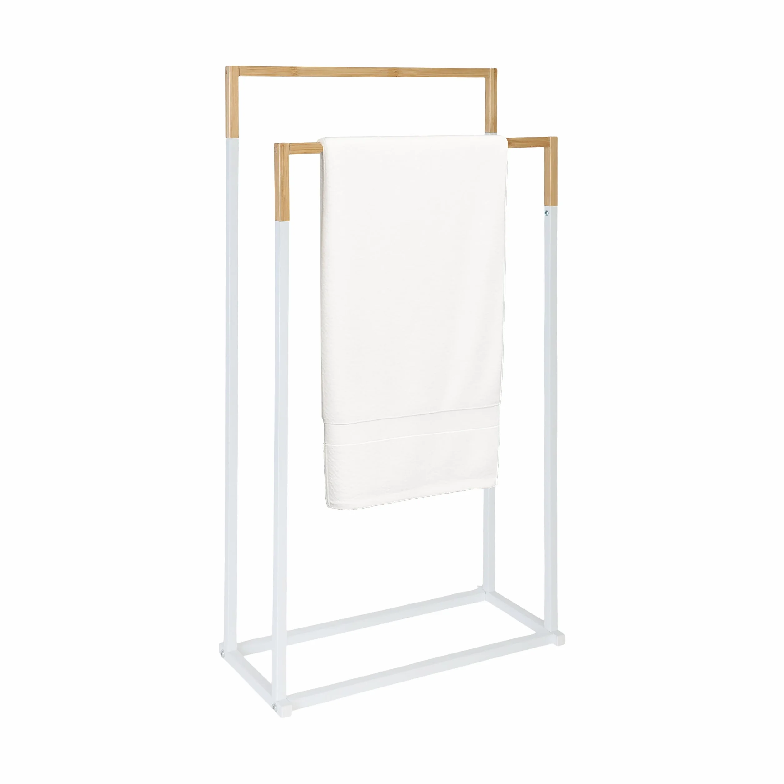 Toallero Relaxdays, HxBxT: 86 x 44 x 21 cm, Metal, bambú, 2 Barras, toallero de pie, Blanco/Natural