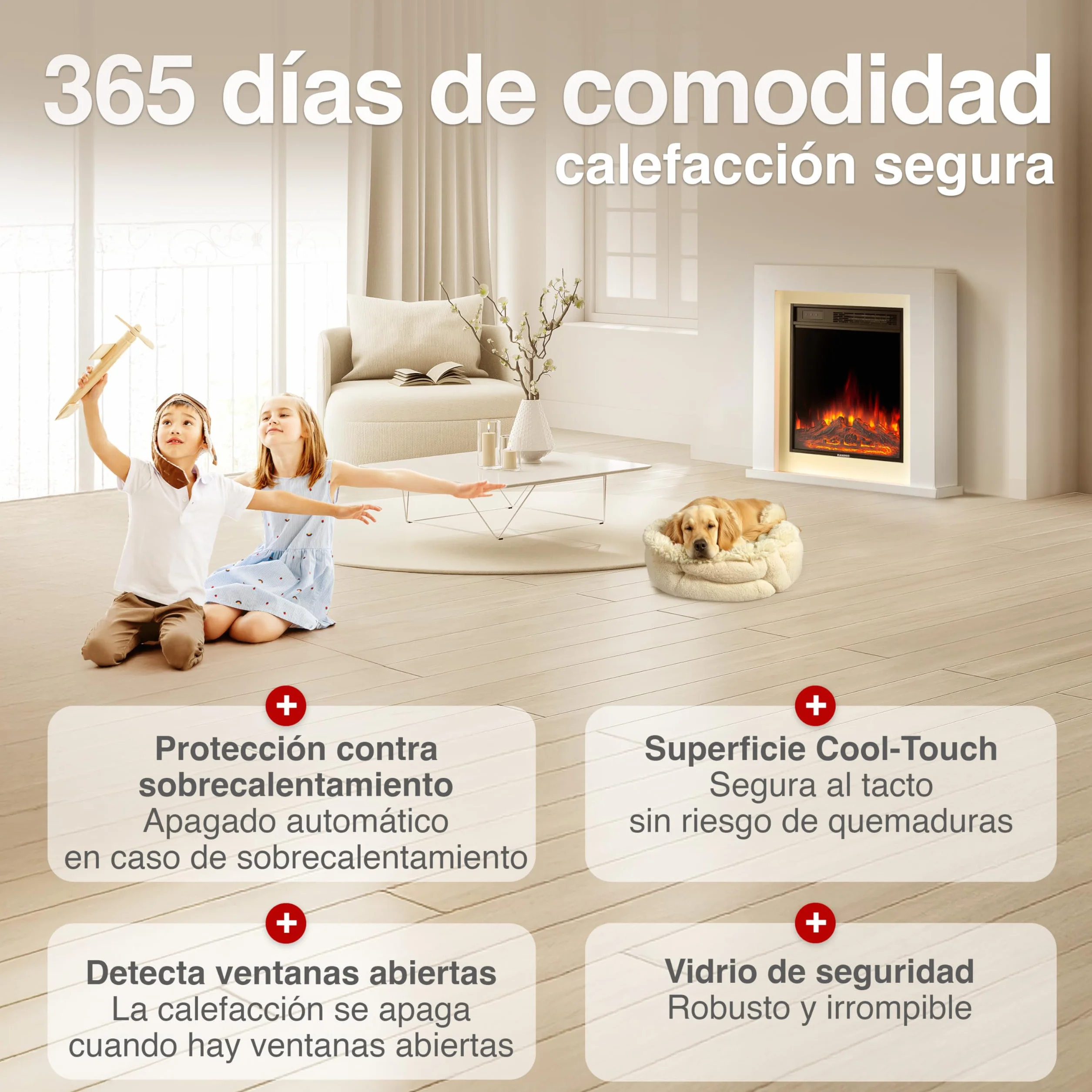 KAMINIO Chimenea eléctrica Matti - Chimenea eléctrica de pie con calefacción, Efecto de Llama 3D, Luz Ambiental LED, Control Remoto - 32 Pulgadas (Blanco)