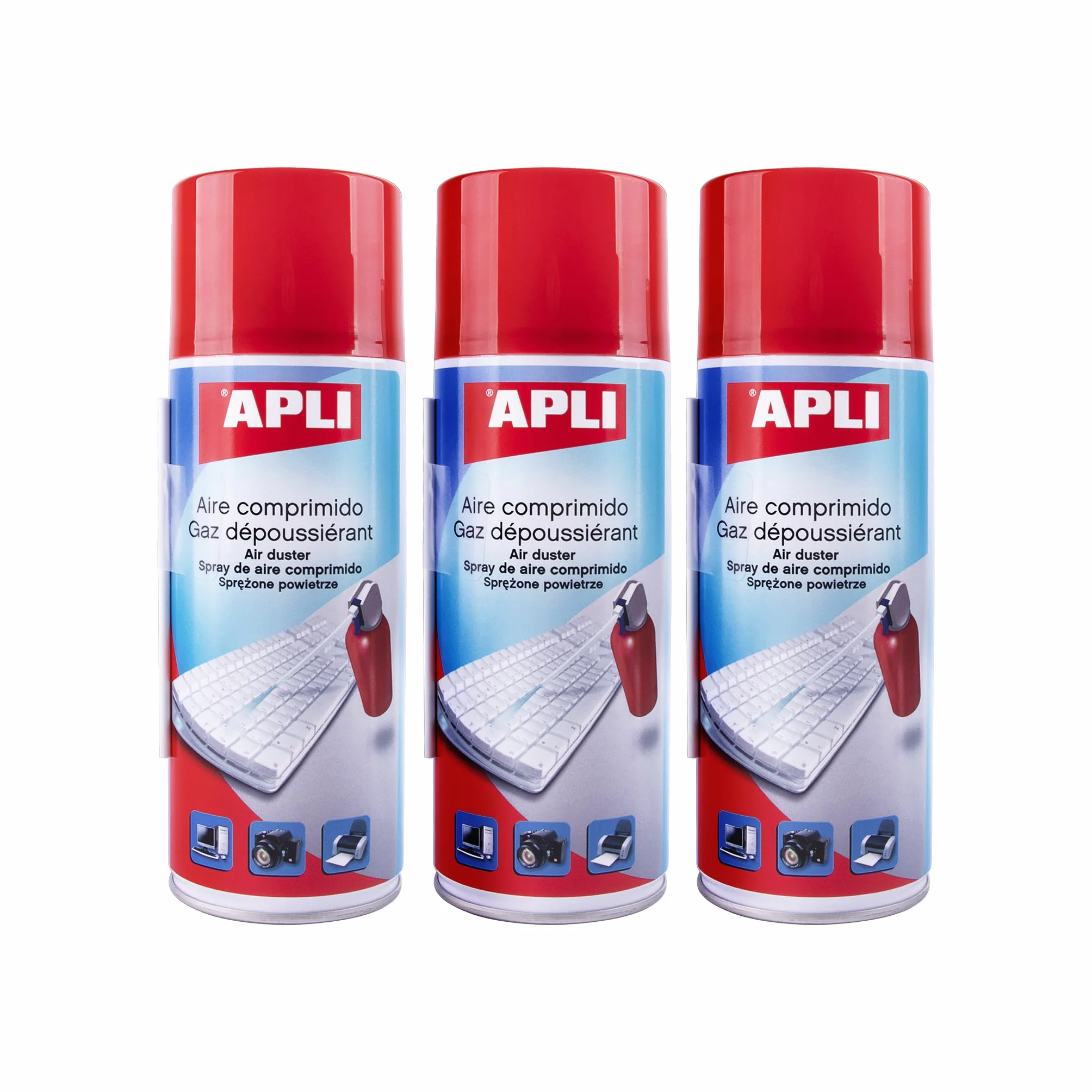 APLI 19657- Pack de 3 Aires comprimidos de limpieza en seco; 3 sprays de 400 ml. Aerosol apto para teclados, ordenadores y dispositivos electrónicos