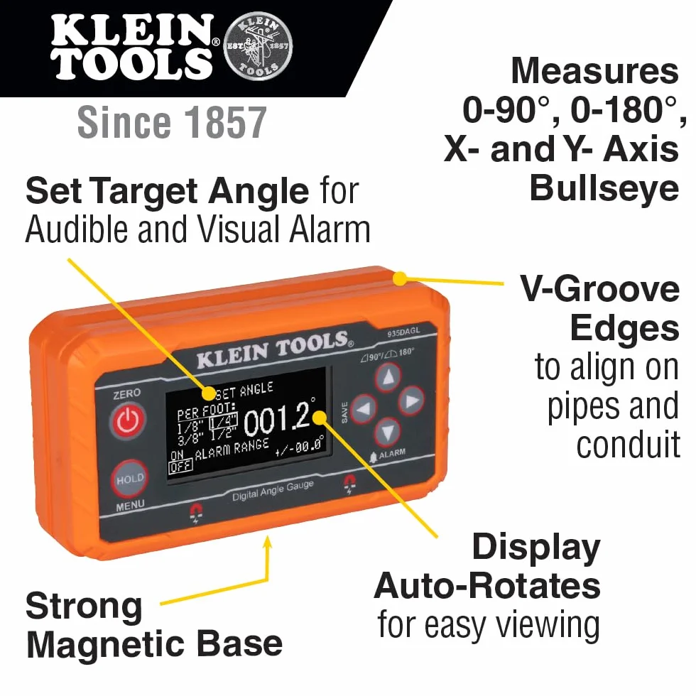 Klein Tools 80036 Kit de herramientas de nivel electrónico digital y medidor de ángulo con correas de fontanero, ángulos programables, base magnética, 2 piezas