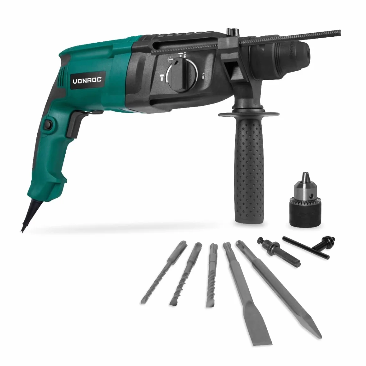 VONROC Martillo perforador 800W - 3 Joule - SDS plus - Perforación, taladrado con percusión y cincelado - Incluye portabrocas con llave