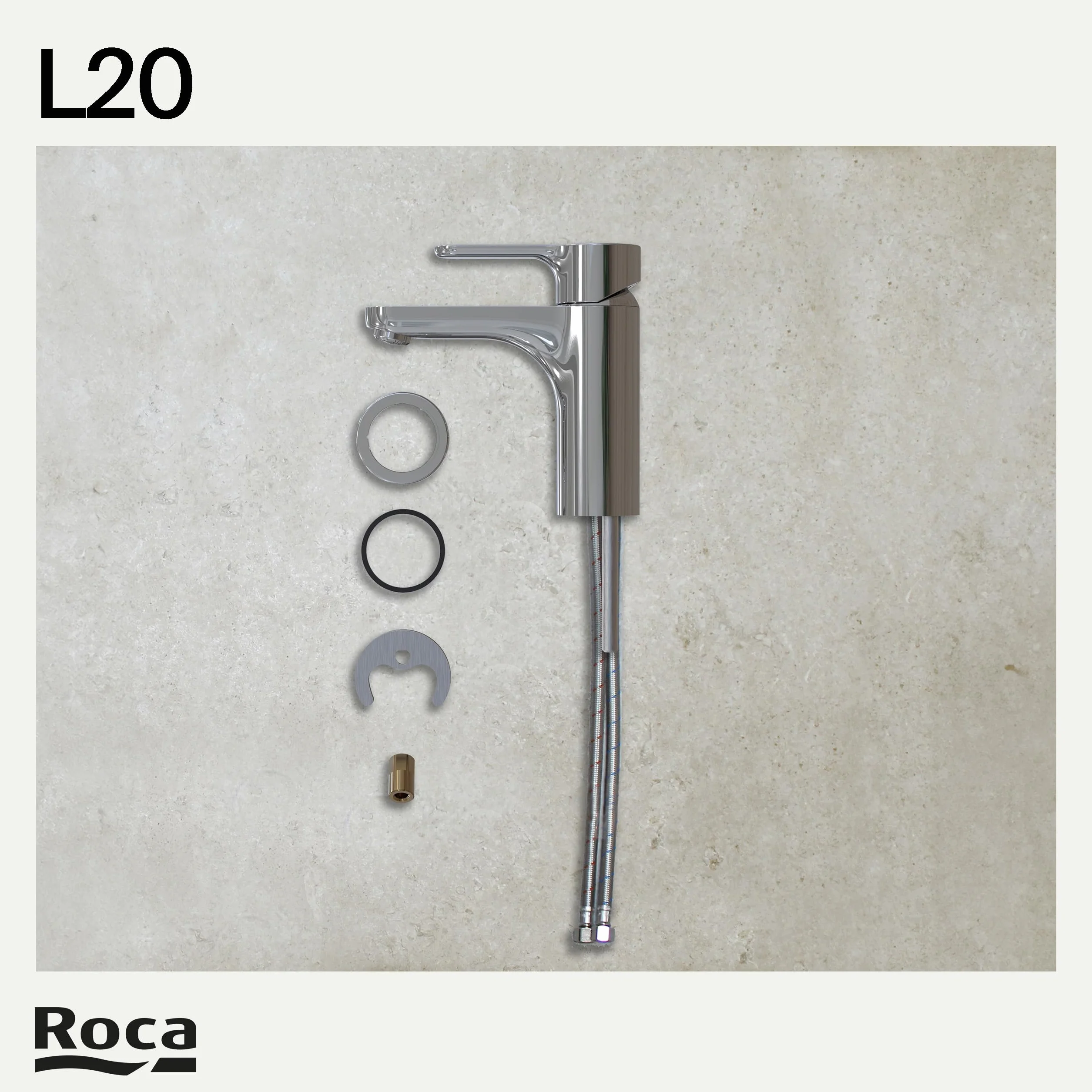 Roca L20 Grifería para lavabo con tecnología Cold Start, grifo monomando de repisa con enlaces de alimentación flexibles, mezclador para cuarto de baño de fácil instalación, cromado, A5A3K09C00